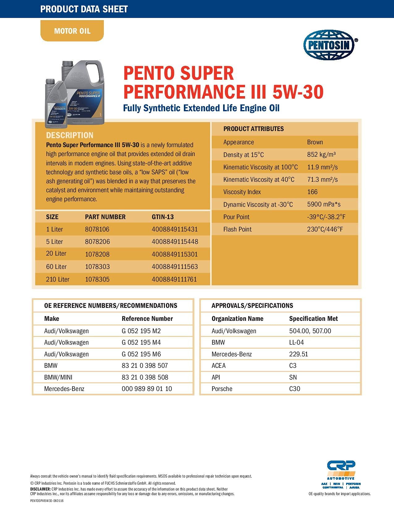 Pento Super Performance III 5W-30 Full Synthetic Extended Life Motor Oil - 5 Liter Jug for Cars, Trucks & SUVs - All-Season Engine Protection & Performance Boost