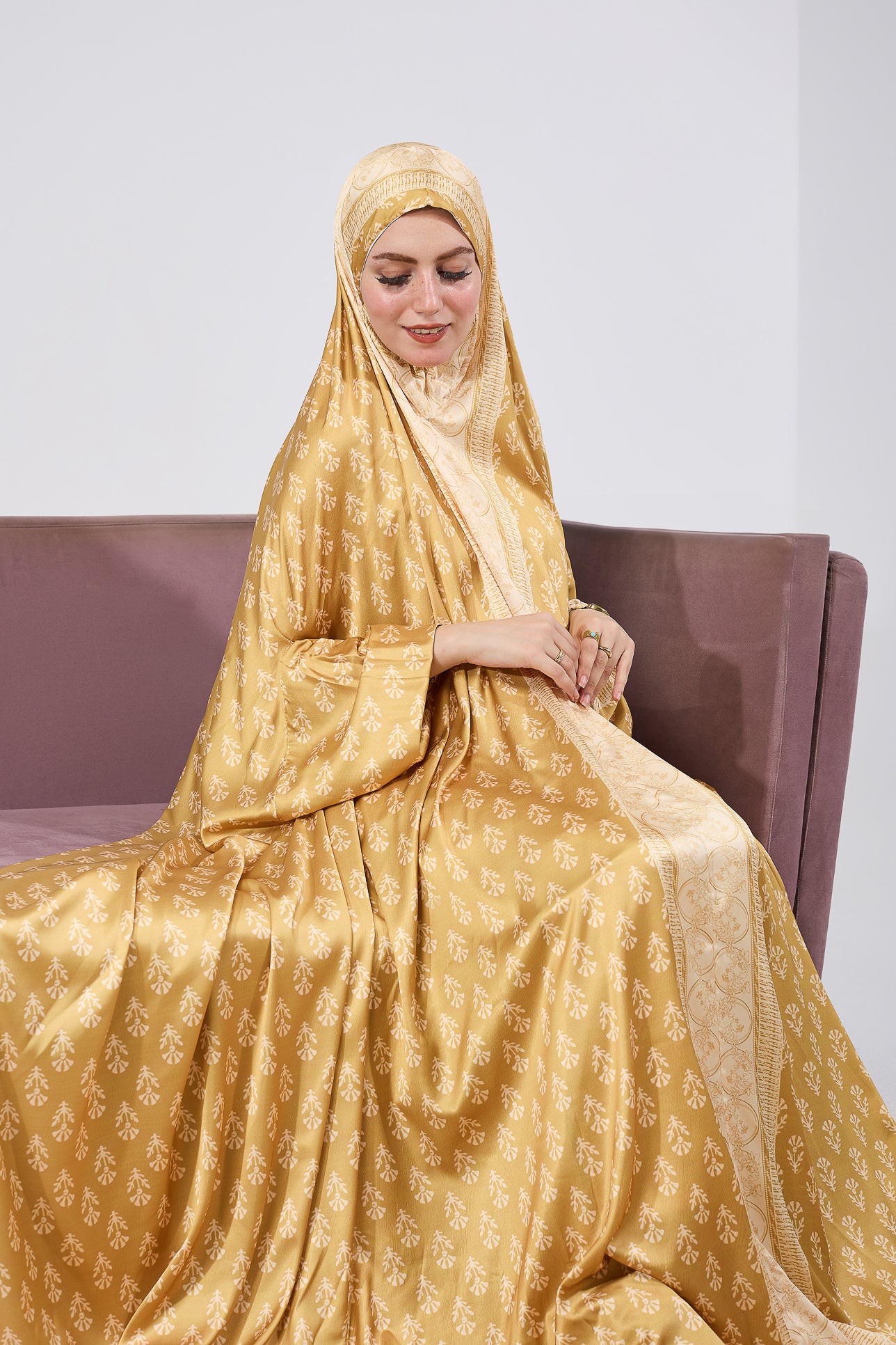 Bahija Luxurious Satin Prayer Gown - Golden Floral Print Islamic Dress for Women | Perfect for Salah, Eid, Ramadan & Special Occasions