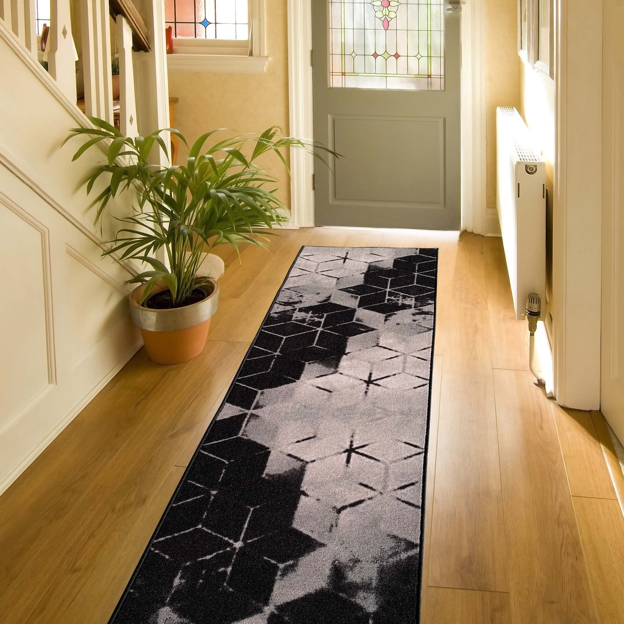 Custom Size Abstract Cubes Design Non-Slip Rubber Backed Runner Rug - Black & Gold - 26 Inch Wide x Your Length (26in x 41ft) - Perfect for Hallways, Stairs, Entryways & High Traffic Areas