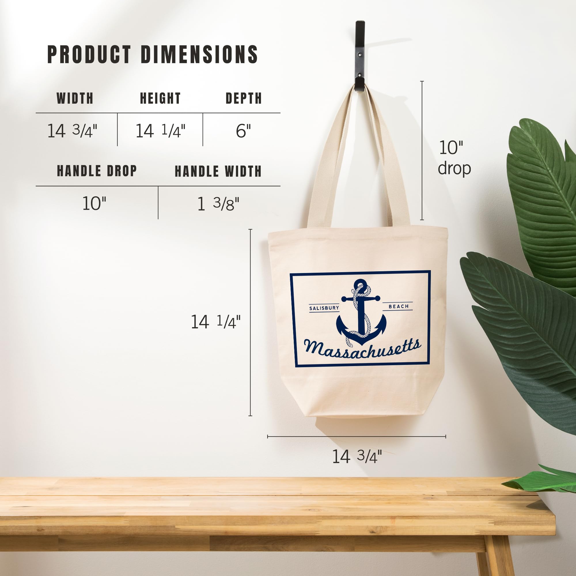 Lantern Press Salisbury Beach Massachusetts Blue and White Anchor Tote Bag - 100% Cotton Canvas Reusable Shopping Bag for Beach, Grocery & Everyday Use