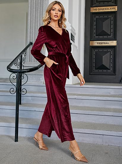 BerryGo Women's 2024 Velvet Formal Jumpsuit - Long Sleeve Wide Leg V-Neck Romper with Belt & Pocket for Wedding Guest, Cocktail Party, Holiday Events & Special Occasions