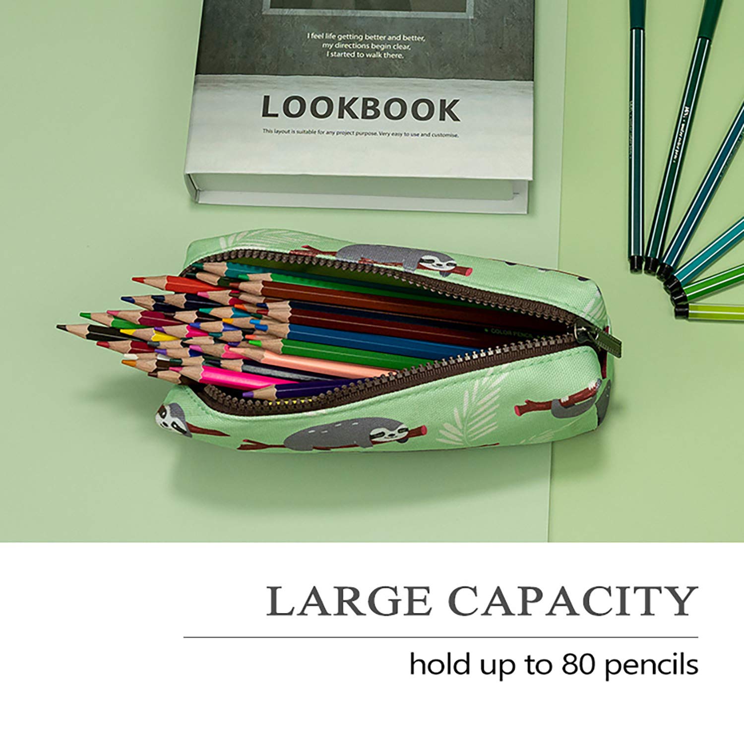 LParkin Sloth Super Large Capacity Canvas Pencil Case - Waterproof Pen Organizer for School, Office & Travel - Perfect for Students, Artists & Makeup Lovers (Green)