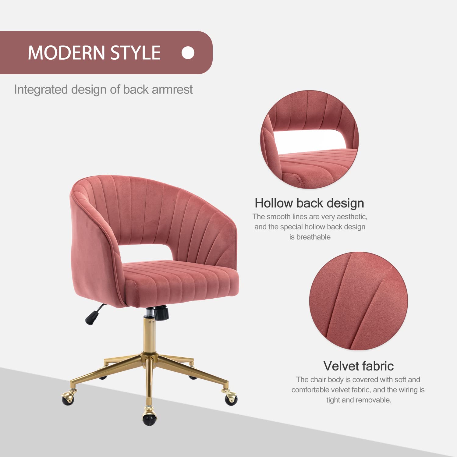 Velvet Swivel Office Chair with Adjustable Wheels - Ergonomic Upholstered Desk Chair for Home Office, Living Room, Bedroom & Study - Comfortable Computer Chair for Work, Gaming & Vanity (Rose)