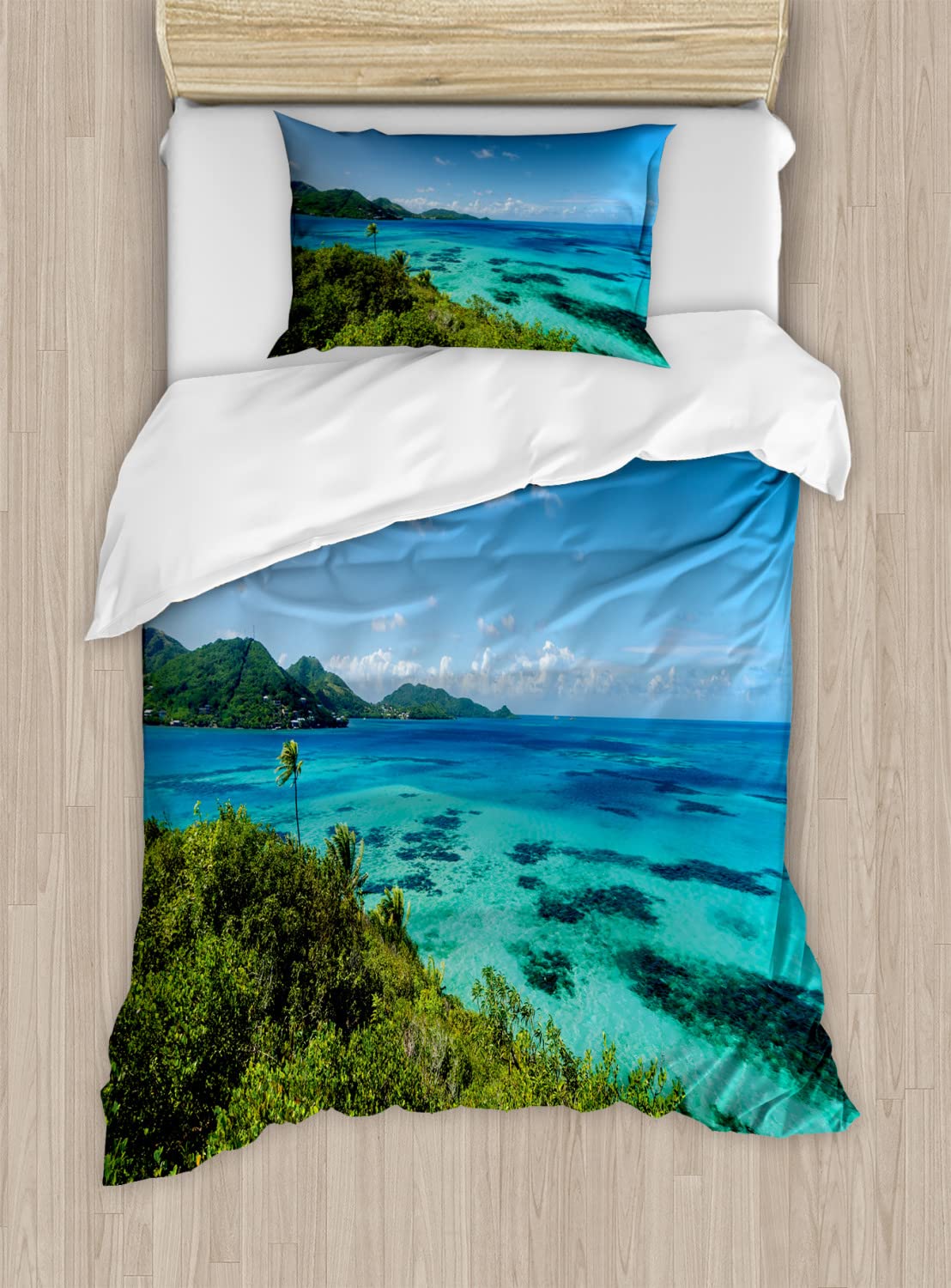 Ambesonne Coastal Duvet Cover Set - Twin Size 2-Pack with 2 Duvet Covers & 2 Pillowcases | Tropical Beach Seascape Design in Blue, Turquoise & Green | Perfect for Summer Bedroom Decor, Vacation Home & Coastal Themed Rooms