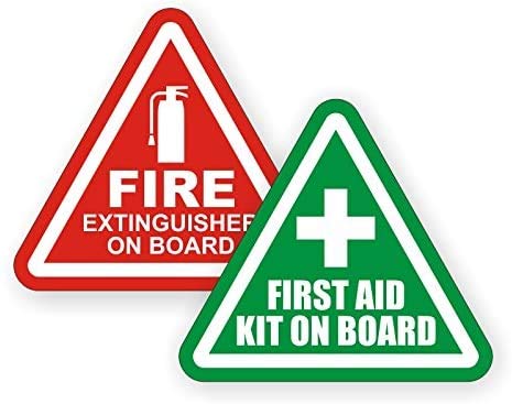 2″ Fire Extinguisher & First Aid Kit Vinyl Decals - Durable Sticker Labels Pair for Car, Boat, and Workplace Safety