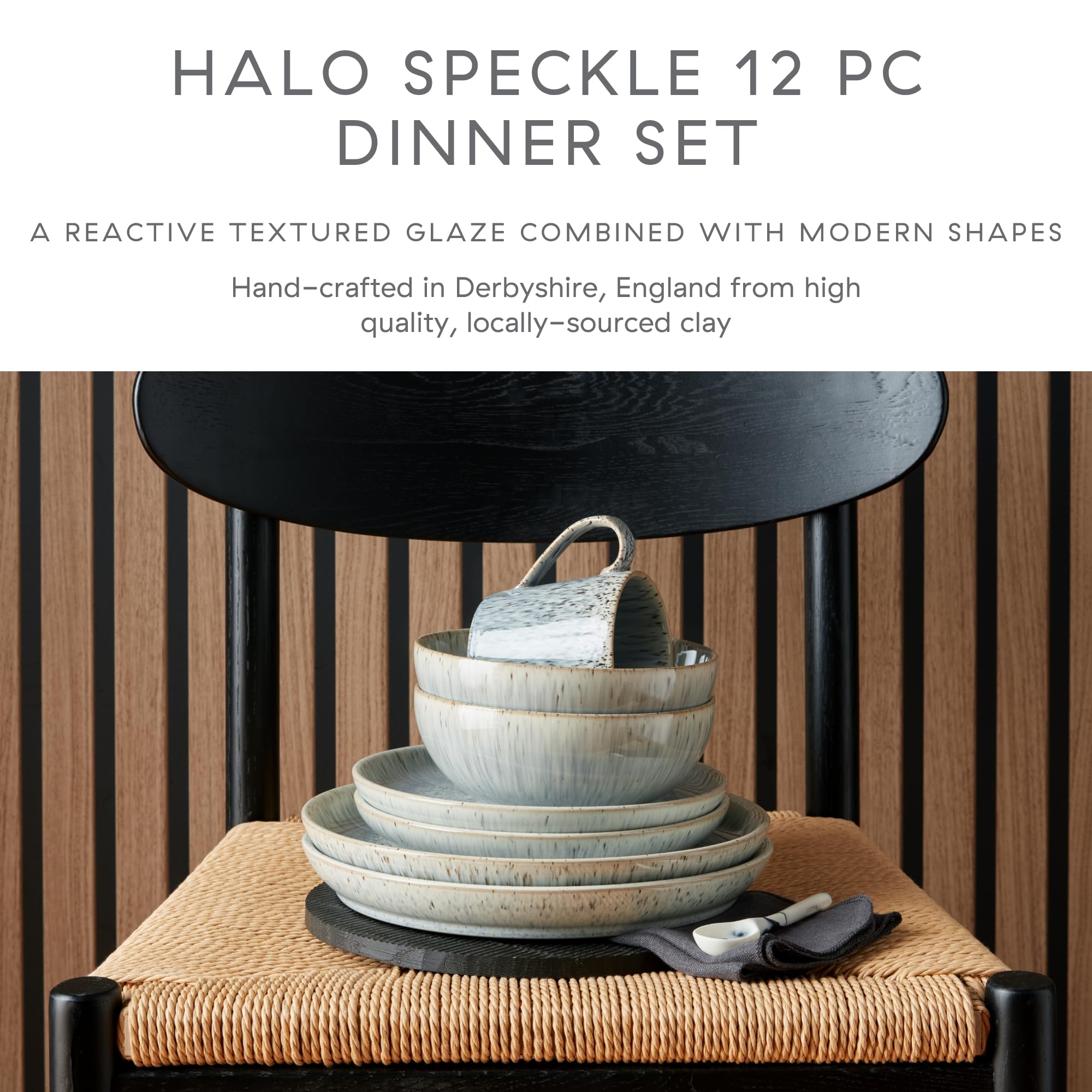 Denby Halo Speckle 12-Piece Dinner Set - Reactive Glaze Ceramic Stoneware in Grey, Blue & Neutral Colors - Dishwasher & Microwave Safe - Scratch & Chip Resistant - Perfect for Family Dinners, Entertaining Guests & Everyday Use