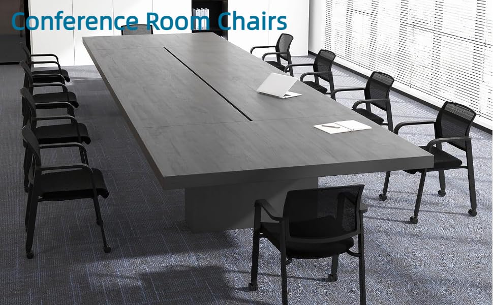 CLATINA 8-Piece Rolling Conference Room Chairs Set - Stackable Office Guest Reception Chairs with Armrests & Wheels, Ergonomic Mesh Back Waiting Room Stools for Office, School, Lobby, Church - Perfect for Meetings, Reception Areas & Conference Rooms (Black)