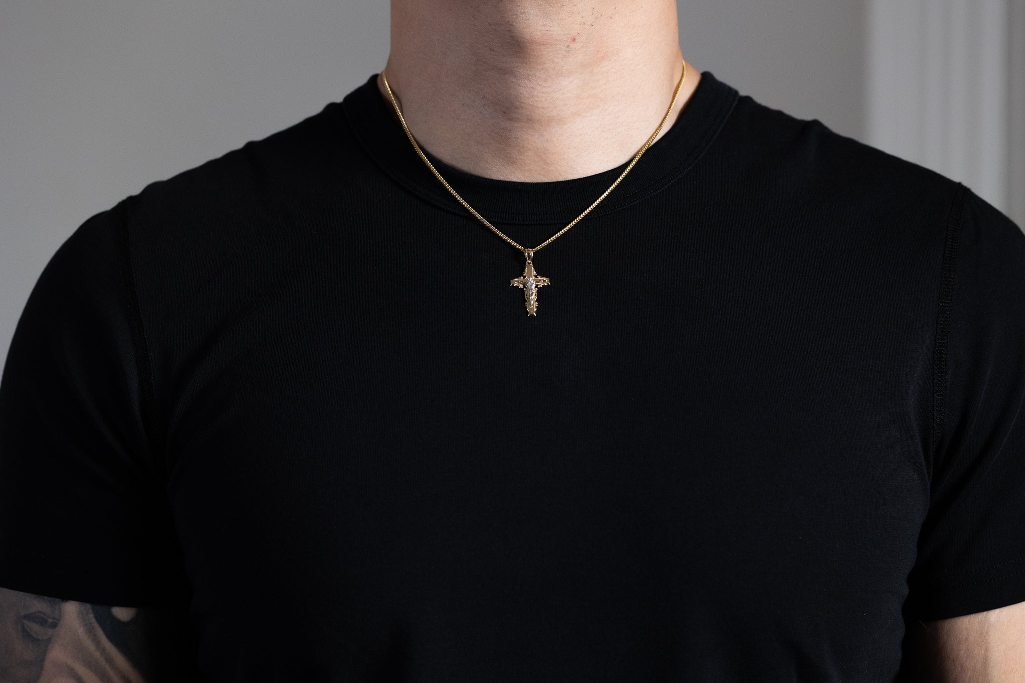 Elegant Gold Crucifix Cross Pendant with Ornate Scroll Design - Model PT0072 - Perfect for Religious Jewelry, Gifts & Everyday Wear