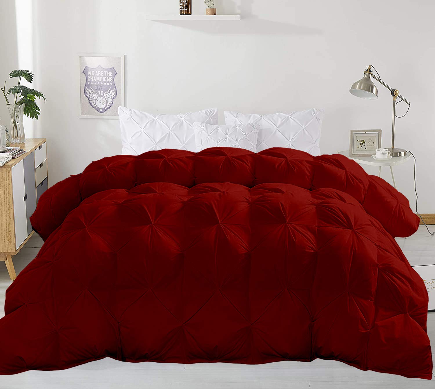 Khyati All-Season Quilted Pinch Pleat Comforter - Twin/Twin XL Size 68x90 Inches - 1200 Thread Count 100% Cotton - Burgundy Solid (Comforter Cover Sold Separately) - Perfect for Bedrooms, Guest Rooms & Dorm Rooms