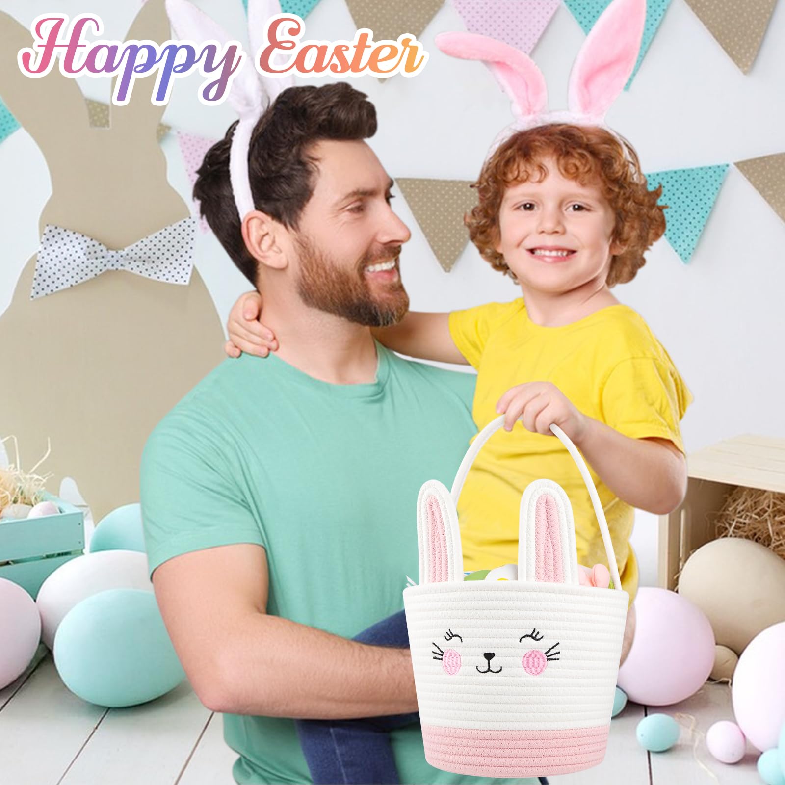 Personalized Easter Basket for Toddlers - Woven Baby Easter Gift Basket with Handle - Empty Bunny Egg Basket for Girls, Boys & Kids - Pink & White - Perfect for Easter Egg Hunts, Party Favors & Spring Decorations