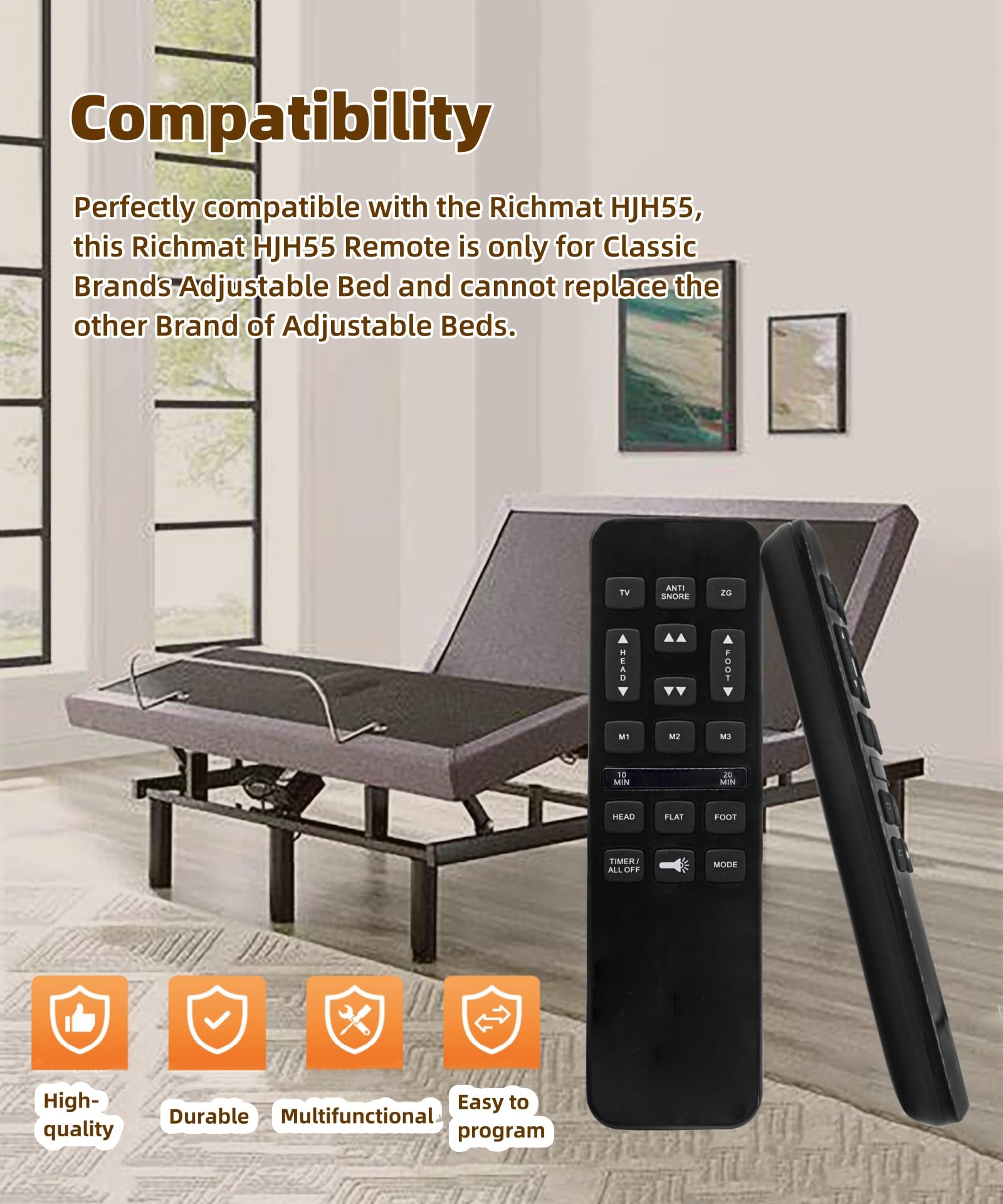 2024 Richmat HJH55 Adjustable Bed Remote Control Replacement - Compatible with Classic Brands Adjustable Beds - Perfect for Home, Hospital, and Elderly Care Use