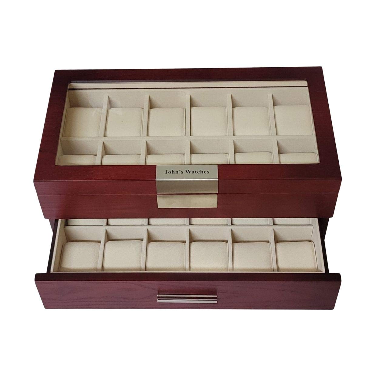24-Slot Oversized Cherry Wood Watch Box - Extra Large 2-Tier Jewelry Organizer with Glass Top for Luxury Big Face Watches | Perfect for Watch Collectors & Gift Giving