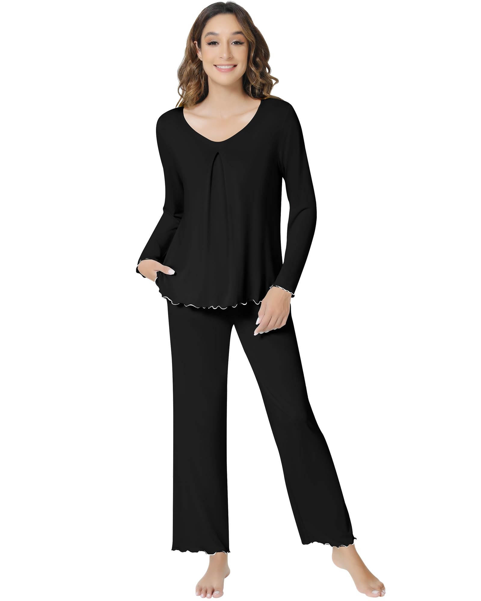 NACHILA Women's Bamboo Viscose Long Sleeve Pajama Set - Soft Sleepwear with Pockets & Pleated Pants for Cozy Nights | Lounge Wear, Sleepwear, Gift for Her