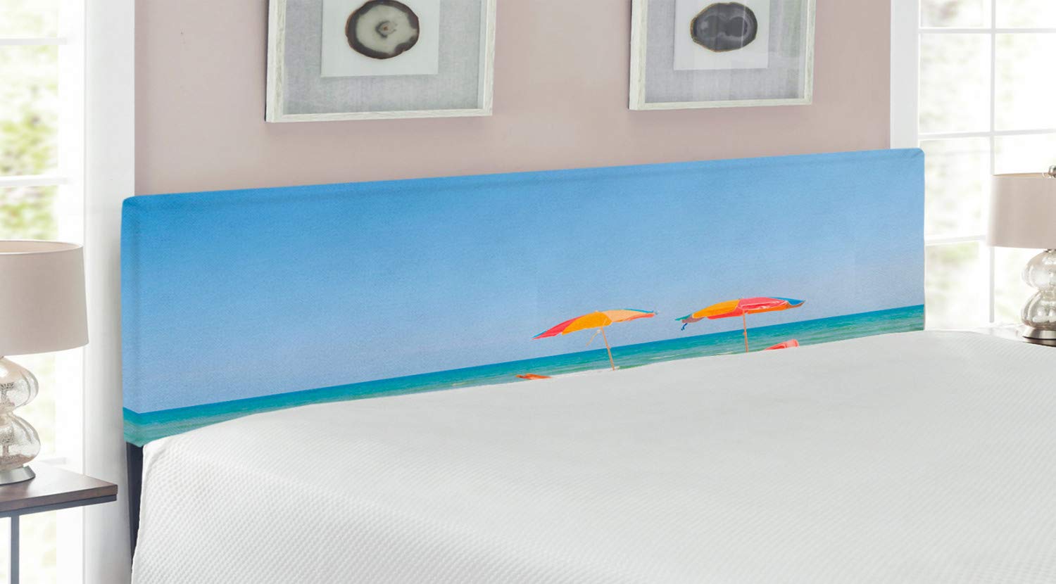 Ambesonne Coastal Headboard - King Size Upholstered Metal Bed Frame with Memory Foam, Turquoise Beige Beach Chair & Umbrella Photo Print - Perfect for Beach-Themed Bedrooms, Vacation Rentals & Coastal Home Decor