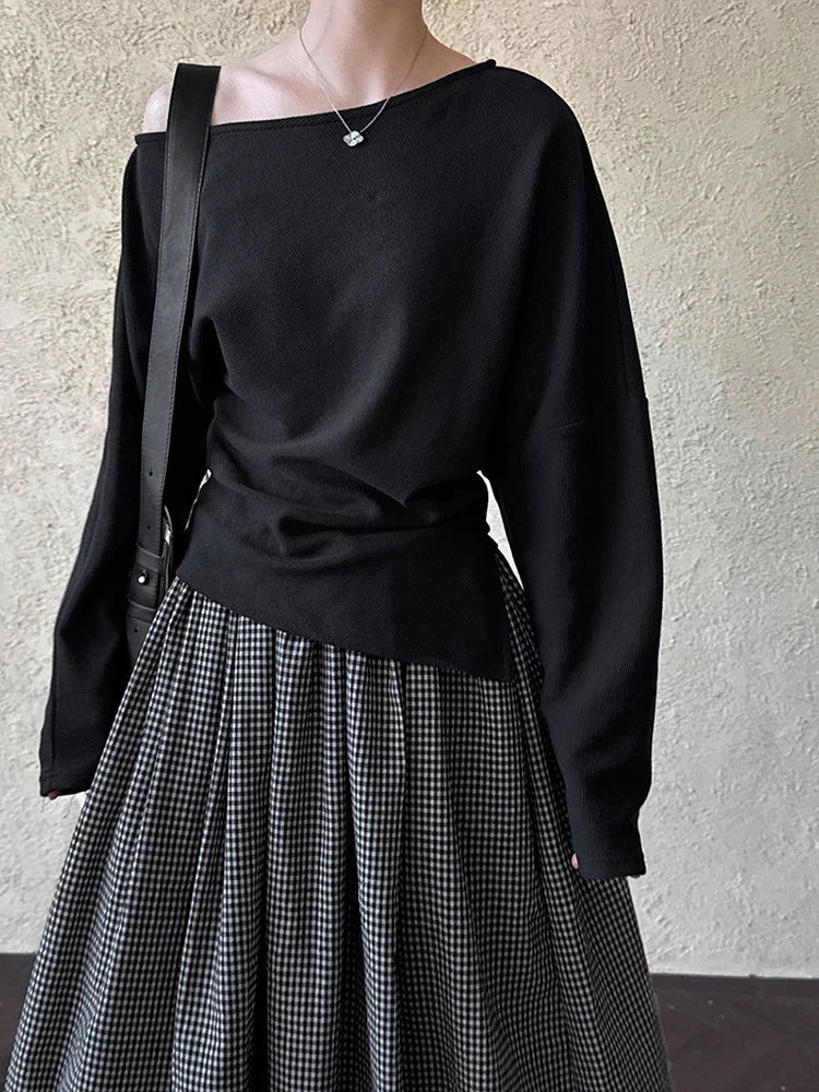 Black Pleated Sweatshirt for Women - Oversized Drop Shoulder Long Sleeve Pullover with Asymmetrical Collar | Trendy 2025 Fall Fashion | Perfect for Casual Outings, Layering & Streetwear Style