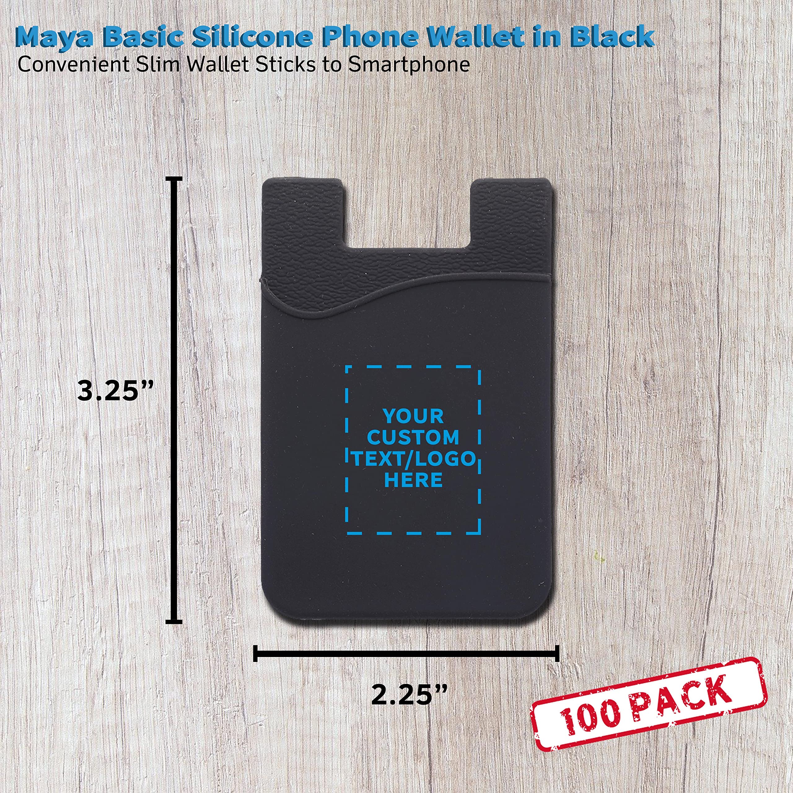 Customizable Black Maya Basic Silicone Phone Wallets Set - Strong Adhesive Card Holder with Logo/Text - Standard Size (100 Pack) - Perfect for Business Promotions, Events & Daily Use