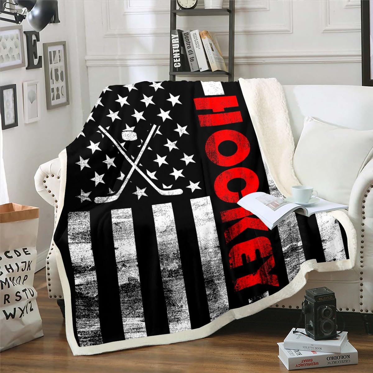 American Flag Throw Blanket - Black & White Hockey Fleece Blanket 30x40 Inches - Soft Sherpa Plush Blanket for Boys, Girls, Teens & Adults - Perfect for Winter Sports, Bed, Sofa & Couch - USA Patriotic Gift for Christmas & Game Day