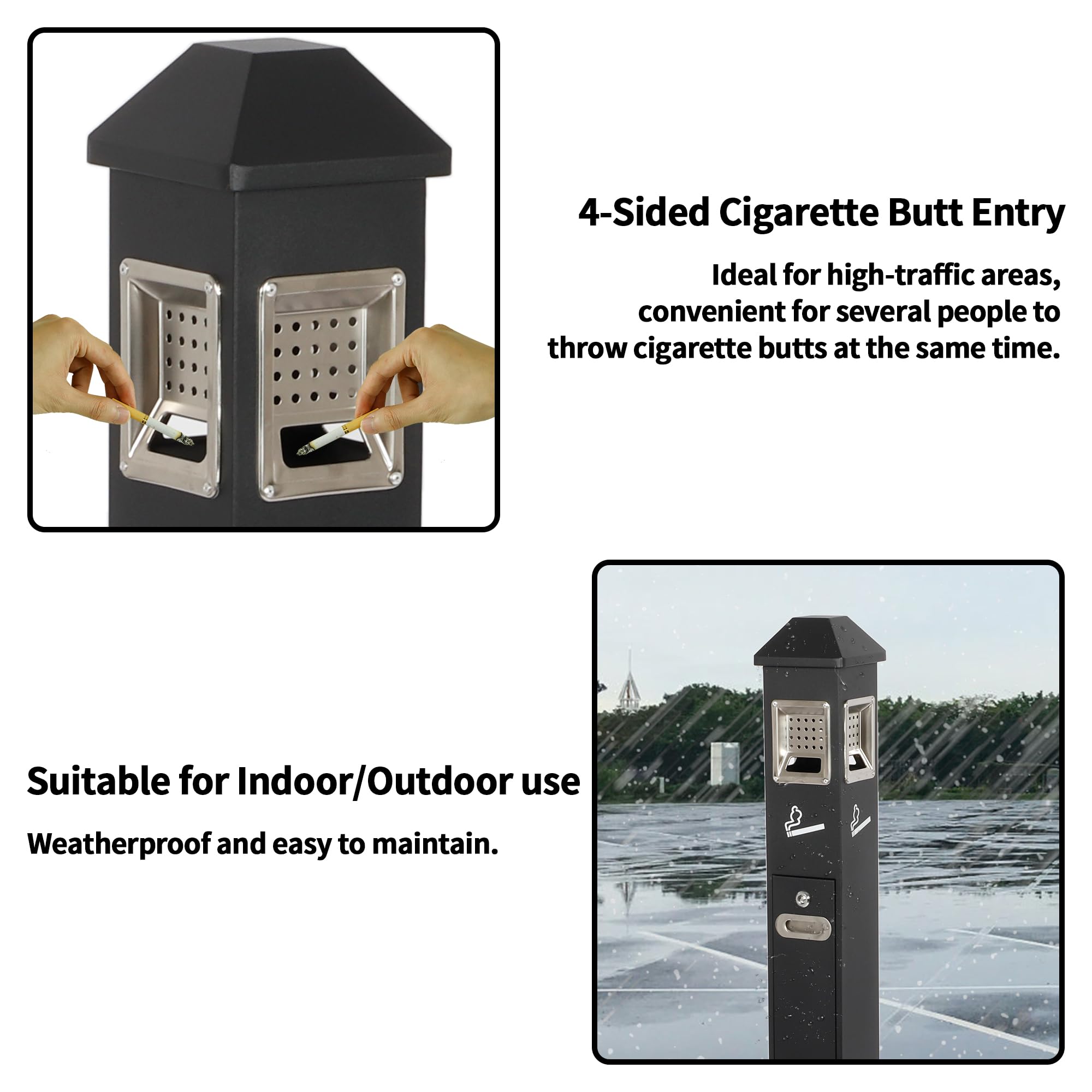 Heavy Duty Metal Ash Receptacle - Commercial Outdoor Vertical Trash Can for Patios, Gardens, Hotels, Pubs & Offices - Durable Black Butt Container for Cigarette Disposal & Waste Management