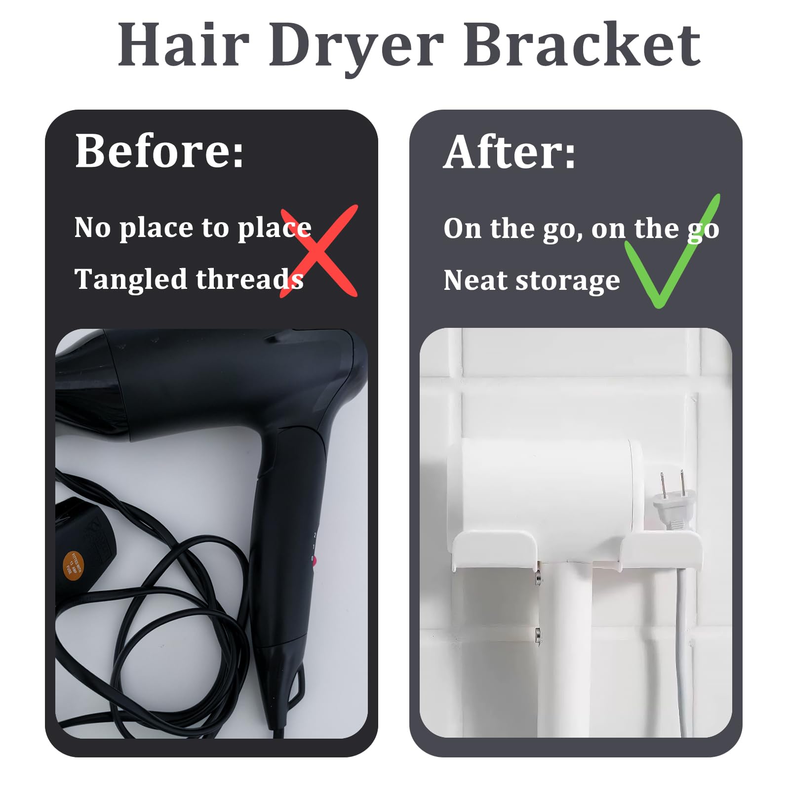 Universal White Hair Dryer Holder Wall Mounted - Self Adhesive Blow Dryer Rack with Plug & Cord Organizer - Space Saving Bathroom, Bedroom & Cabinet Storage Solution (1 Pack, White) - Perfect for Small Spaces & Clutter-Free Organization