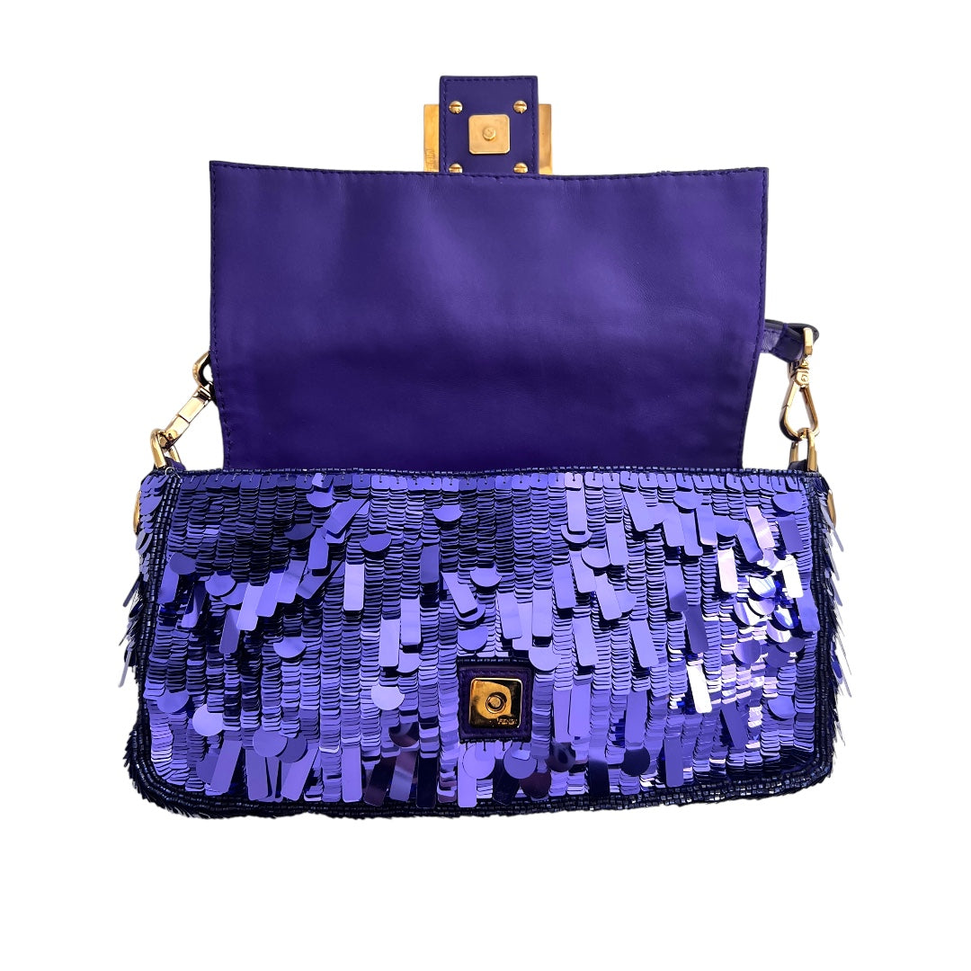 Fendi Purple Sequin Baguette Bag - Luxury Designer Shoulder Purse for Women | Perfect for Parties, Weddings & Evening Events