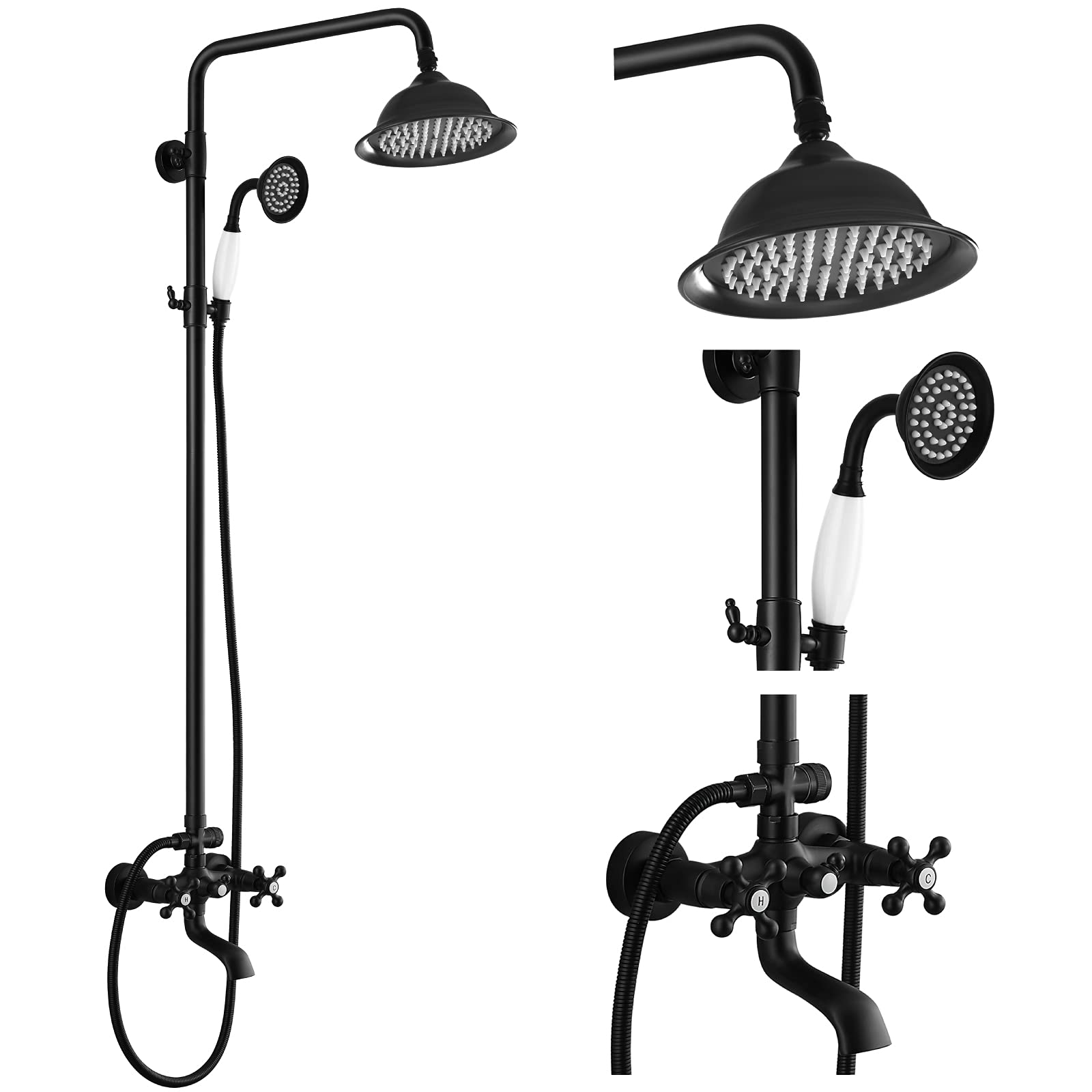 Gotonovo 8 Inch Matte Black Rainfall Shower System - Exposed Wall Mount Shower Faucet with Tub Spout, Handheld Spray & Double Cross Handles - Perfect for Bathroom, Outdoor & Modern Home Renovation