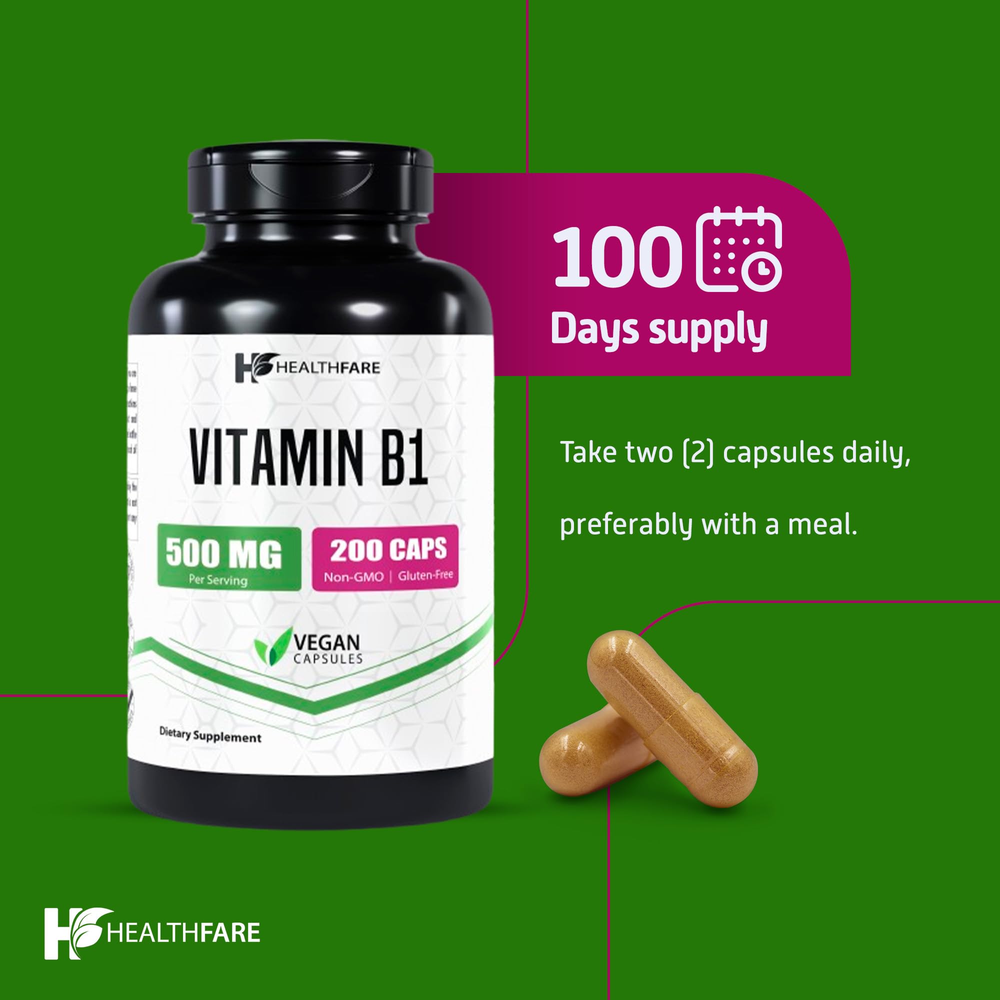Vitamin B1 500mg | 200 Vegetarian Capsules | Thiamine Mononitrate Supplement | Supports Energy, Metabolism & Nervous System Health | Non-GMO, Gluten-Free | For Daily Wellness & Fatigue Relief