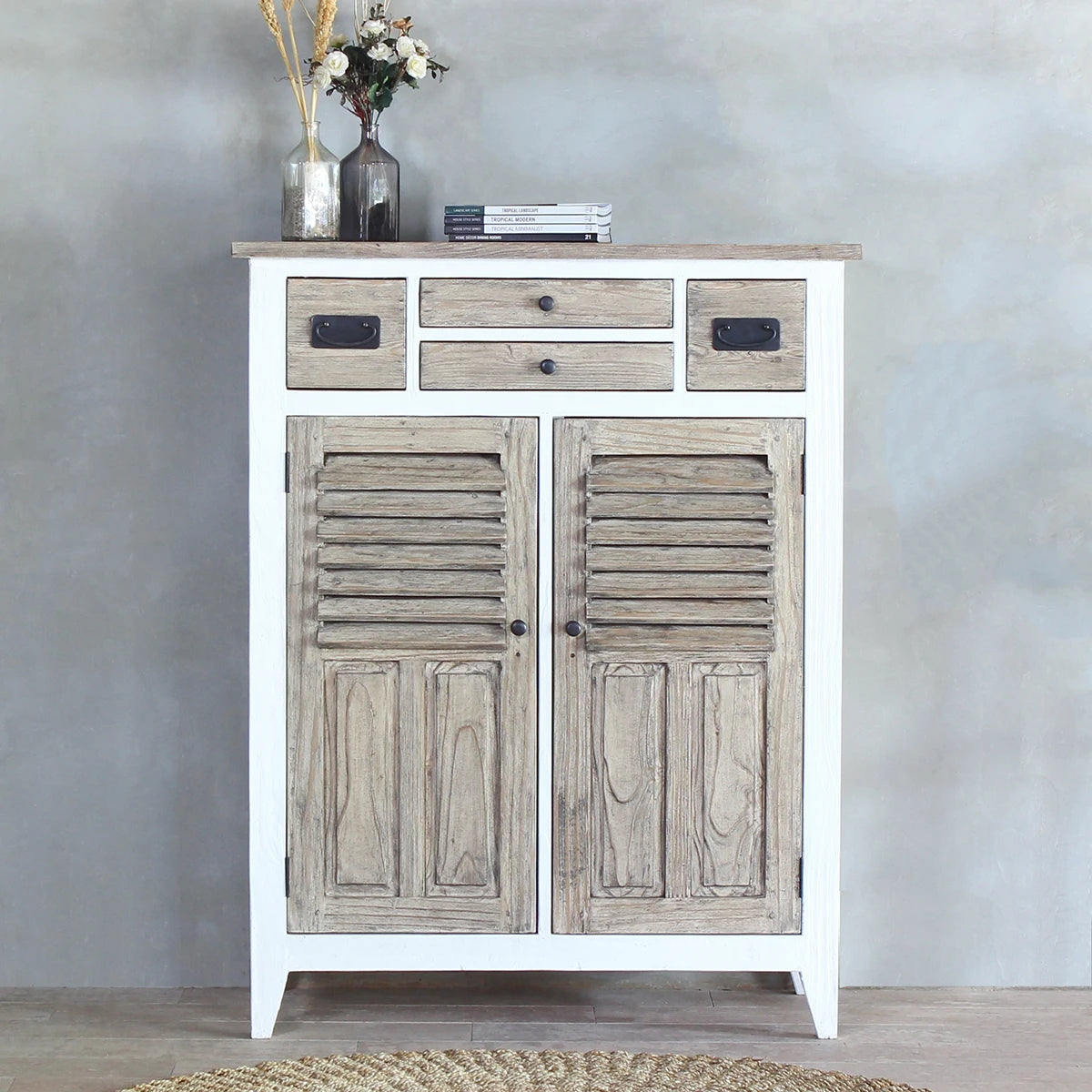 Handmade Indian Solid Mango Wood Cabinet - 2 Doors & 4 Drawers - Ethreal Whites Furniture for Living Room & Bedroom Storage