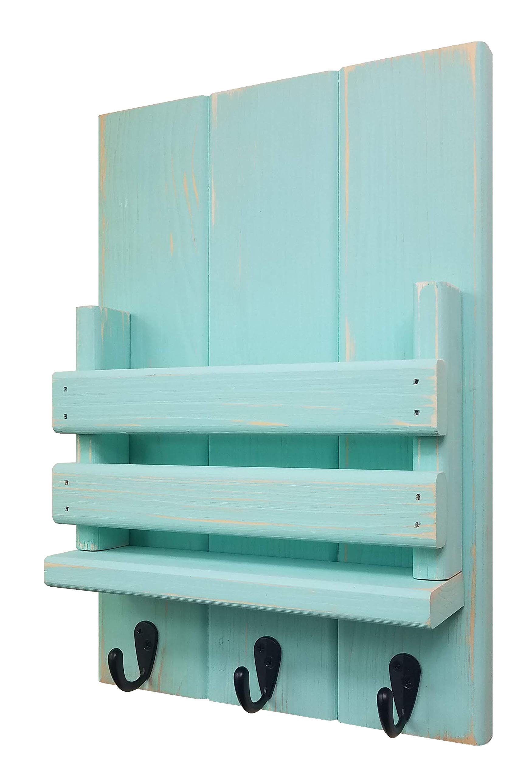 Sydney Slat Front Wall Mail Holder with Hooks - 20 Color Options (Sea Blue Shown) - Durable Mail Organizer & Key Holder for Home, Office, or Entryway Organization