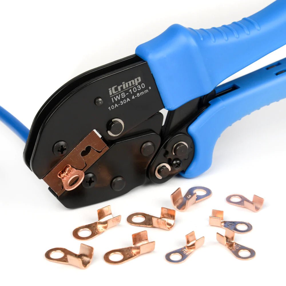 IWS 1030 Professional Battery Cable Crimper Tool for AWG 11-8 Open Barrel Lugs - Perfect for Automotive, Marine, and Solar Power Installations