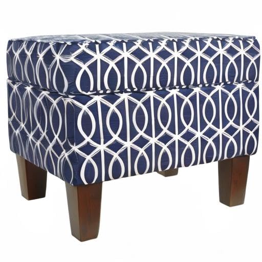 Benjara Wooden Ottoman with Hidden Storage - Blue and White Upholstered Footstool, Coffee Table & Storage Bench for Living Room, Bedroom & Nursery