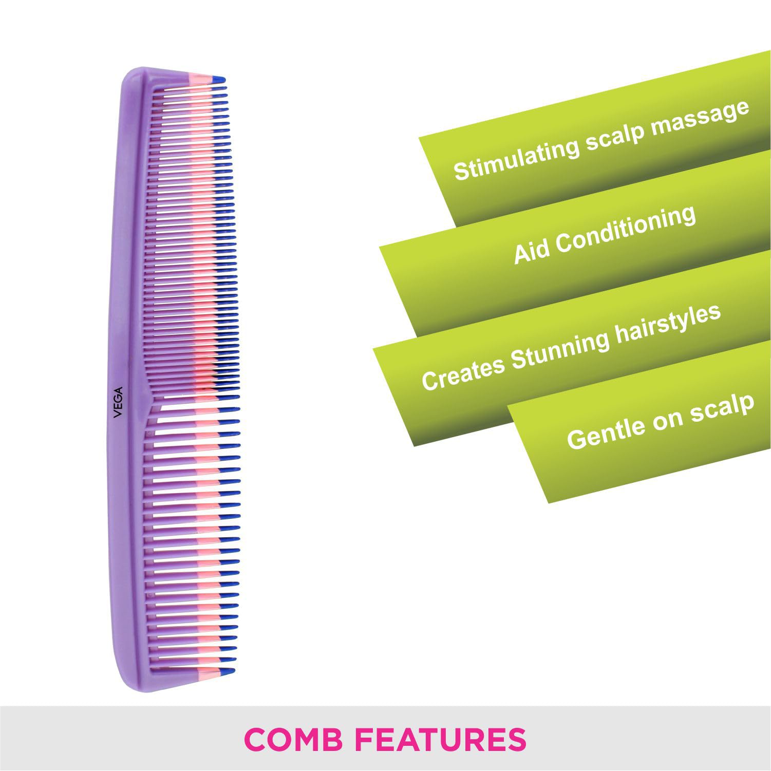 Vega Flat Hair Brush & Comb Set for Men & Women - 2 Piece Styling Kit (VCP-08) | India's Top Hair Brush Brand | Perfect for Daily Styling, Detangling & Salon-Quality Results at Home