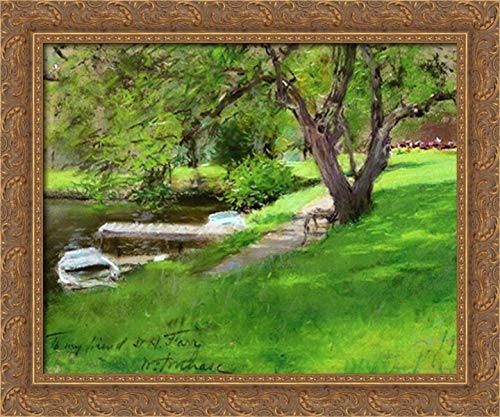 William Merritt Chase 24x20 Gold Ornate Wood Framed Canvas Art - Bank of a Lake in Central Park Wall Decor for Living Room, Bedroom & Office