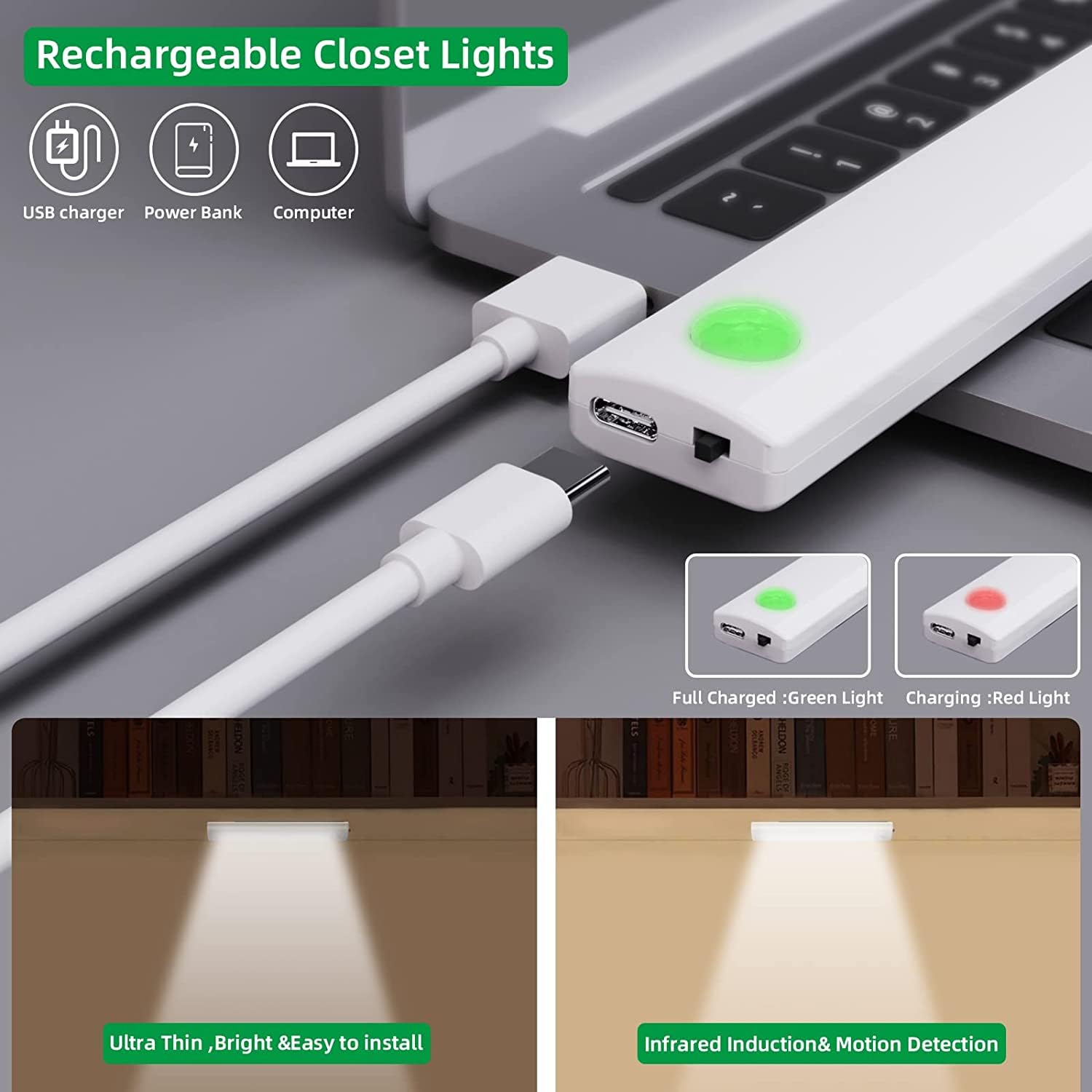 3 Pack Wireless Under Cabinet LED Lighting Strips with Motion Sensor - Rechargeable Magnetic Night Lights for Kitchen, Cupboard, Stairs - Auto On/Off Indoor Lighting for Counter, Closet & Dark Areas