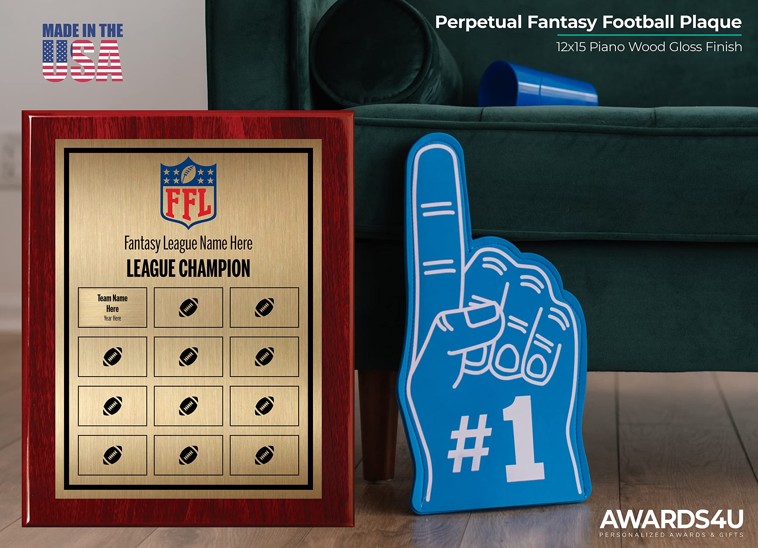 Custom Fantasy Football Trophy Plaque with Personalized Plates - Perpetual League Award for FFL Winners - Engraved Name & Team Options - Perfect for Championship Celebrations & Sports Memorabilia Displays
