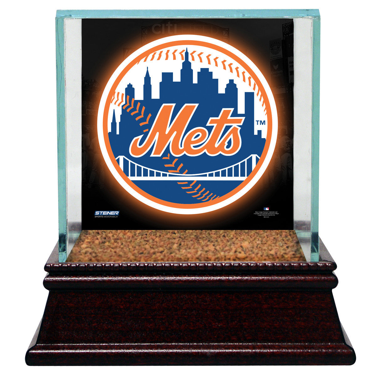 New York Mets Glass Baseball Display Case with Team Logo & Authentic Field Dirt - Perfect for Collectors, Fans & Home/Office Decor