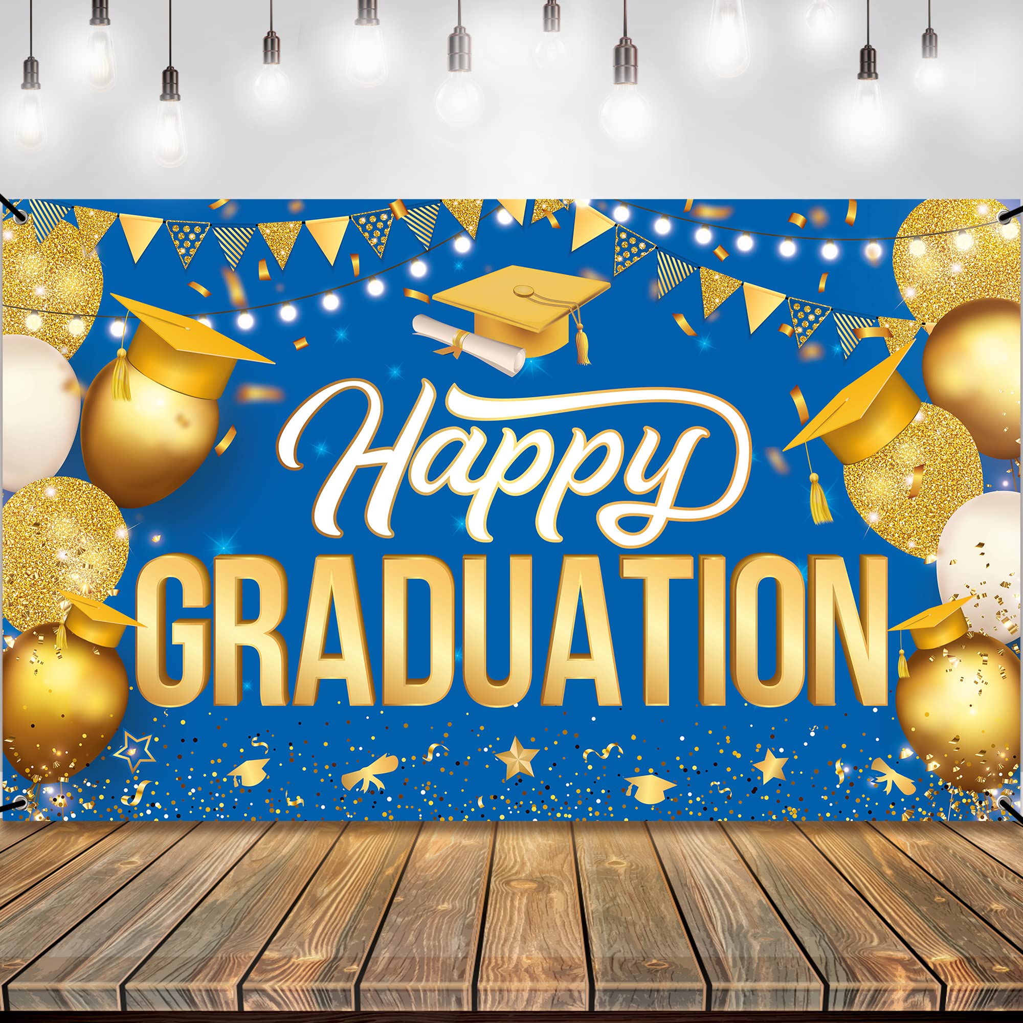 Katchon Extra Large Graduation Banner - 72x44 Inch Gold & Blue Happy Graduation Backdrop for Class of 2025 | 2025 Graduation Party Decorations, Commencement Ceremony Decor | Perfect for Graduation Photos, School Events & Celebration Parties