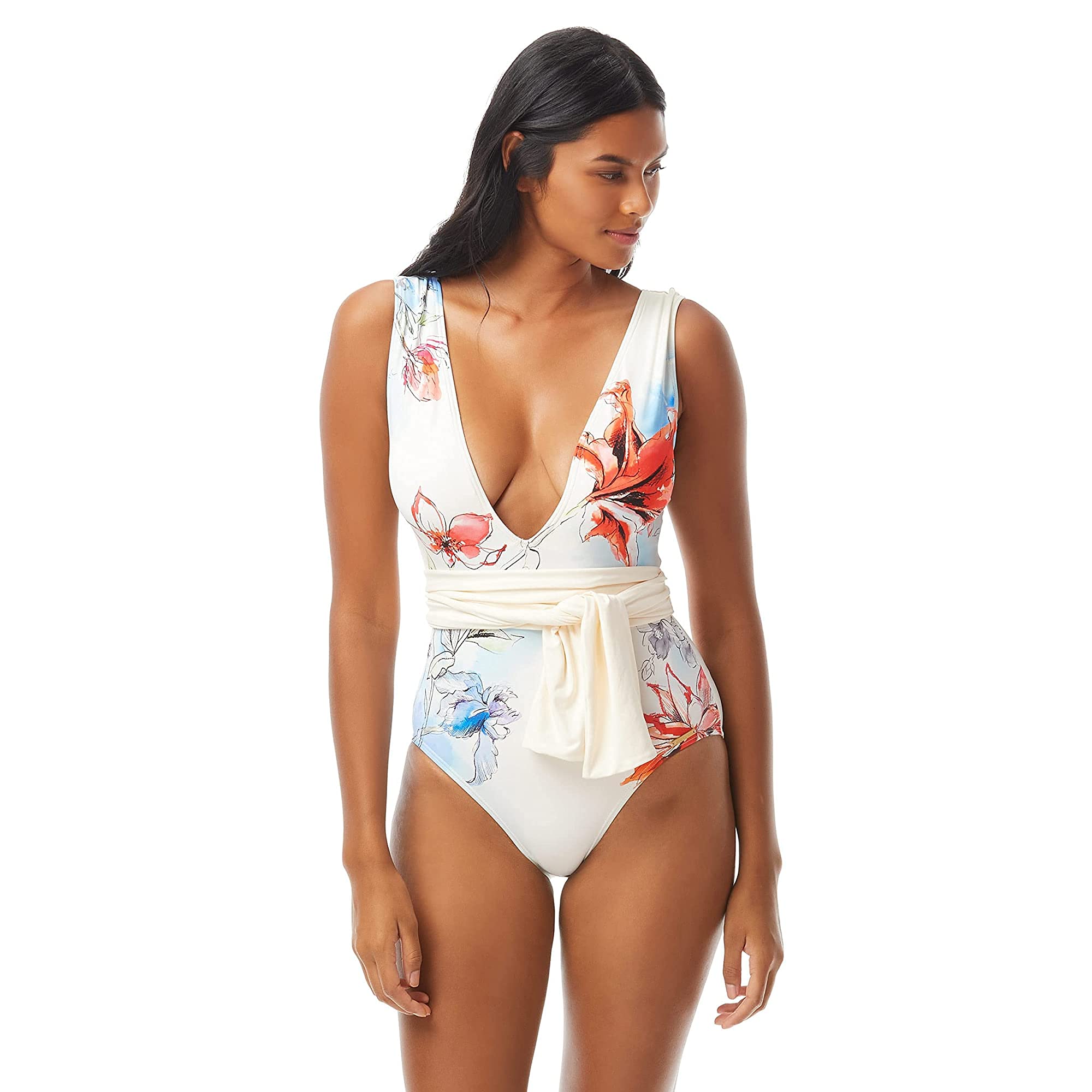 Vince Camuto Bright Floral Belted Plunge V-Neck One-Piece Swimsuit | Women's Floral Print Bathing Suit for Beach & Pool | Summer Vacation Swimwear