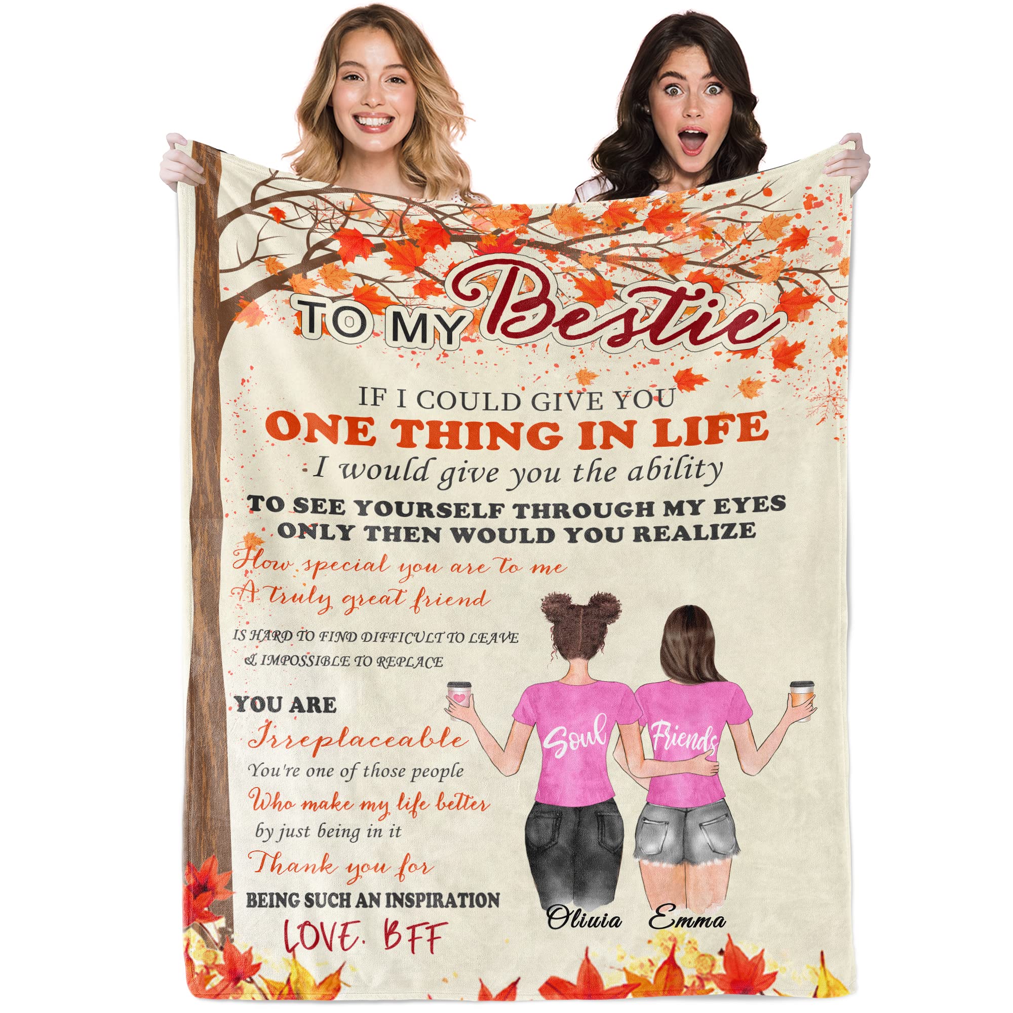 Custom Best Friend Blanket with Hairstyle & Name - Personalized Friendship Gifts for Women, BFF Birthday, Wedding, Anniversary, Soul Sister, Long Distance - Perfect for Cozy Nights & Heartwarming Moments