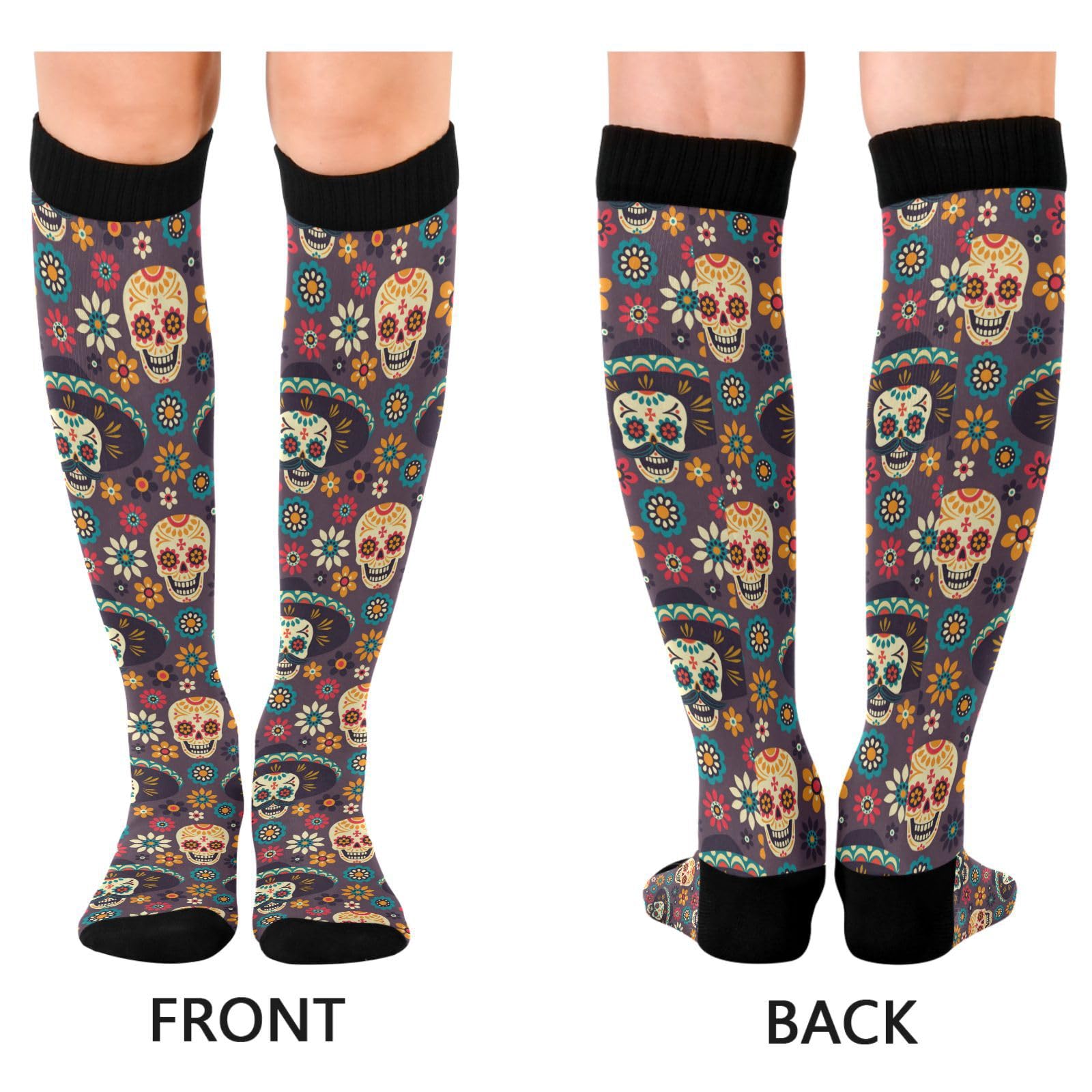JUNZAN Sugar Skulls Knee High Compression Socks for Men & Kids - Running, Sports & Nurse Socks (One Size Fits Most) - Perfect for Halloween, Workouts & Medical Professionals