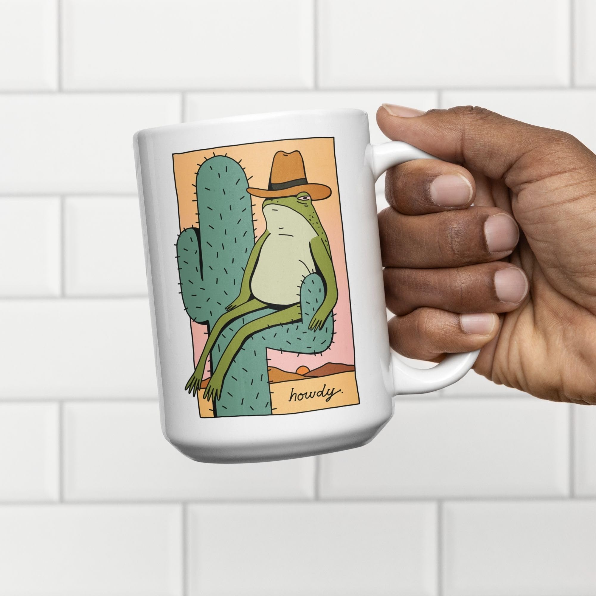 LookHUMAN 15oz Ceramic Western Coffee Mug - Funny Howdy Frog Cowboy Design, Double-Sided Print, Dishwasher Safe | Novelty Gift for Cowboy & Western Lovers | Perfect for Home, Office, or Ranch Use