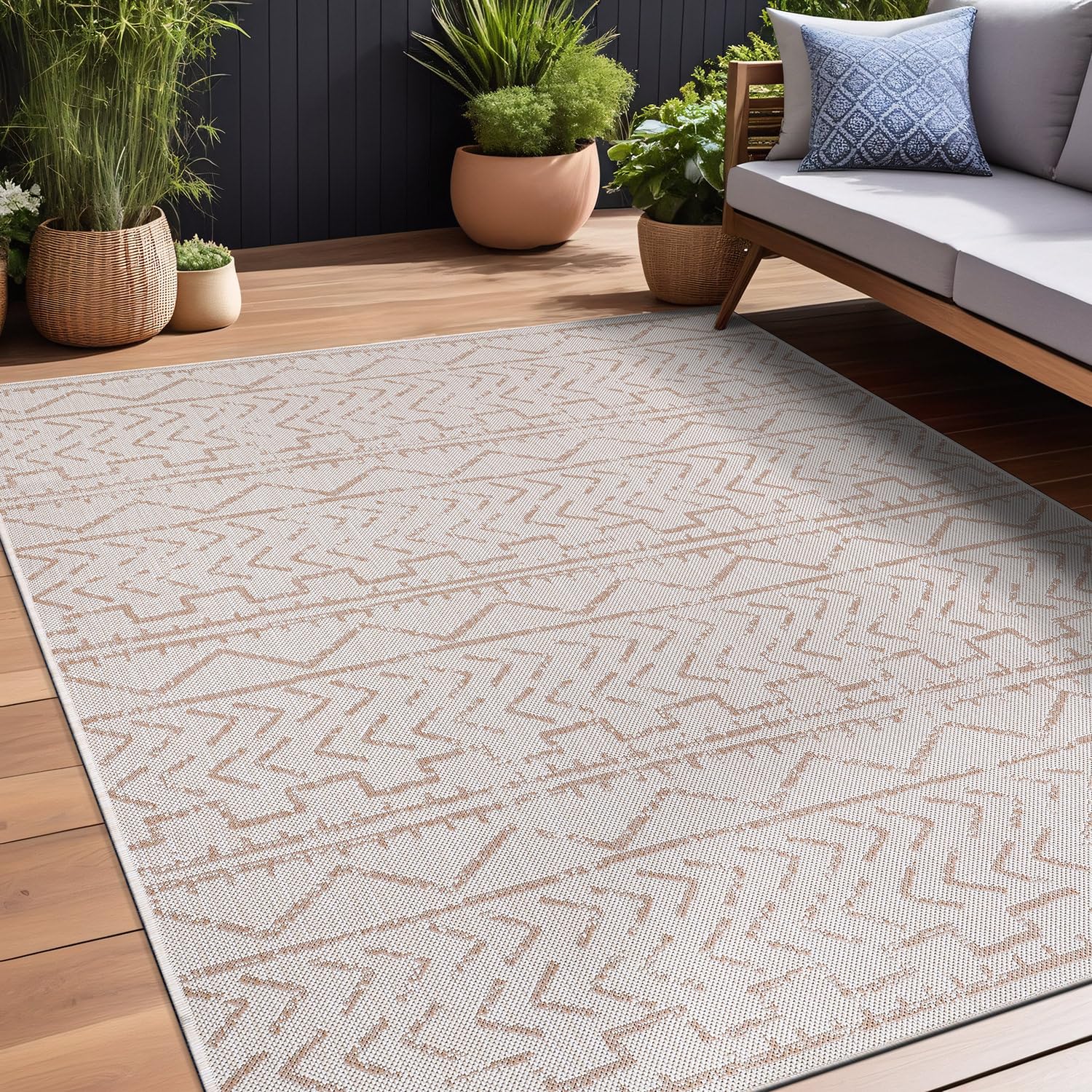 Beverly Rug Waikiki 8x10 Indoor/Outdoor Washable Carpet - Water Resistant Beige & White Area Rug for Patio, Deck, Porch, Trellis - Perfect for Outdoor Entertaining & Coastal Decor