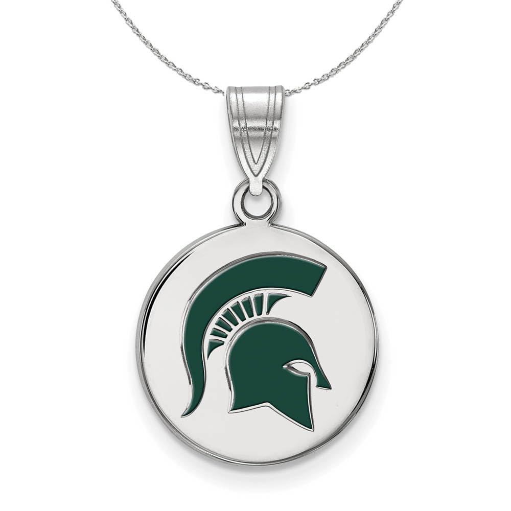 Sterling Silver Michigan State Enamel Disc Necklace with Black Bow - Perfect for Graduation Gifts, Game Day Jewelry & Spartan Pride Accessories