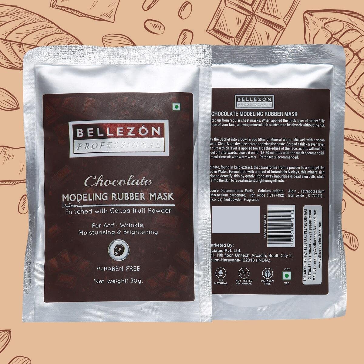 Bellezon Professional Chocolate Modeling Rubber Mask Pack of 2 | Anti-Wrinkle & Moisturizing Face Mask with Cocoa Fruit Powder | Paraben-Free, Brightens Skin for All Skin Types | Perfect for Spa Night & Self-Care Routine
