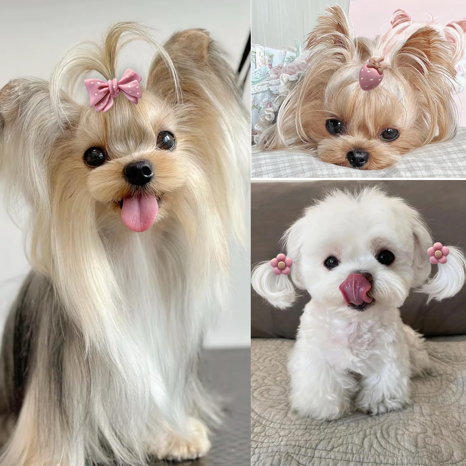 20 Pcs Light Pink Small Dog Hair Bows with Rubber Bands - Cute Puppy Ear Bows for Yorkie, Shih Tzu - Grooming Flower Bowknot Strawberry Topknot Hair Accessories for Small Dogs - Perfect for Pet Parties, Photo Shoots & Daily Styling