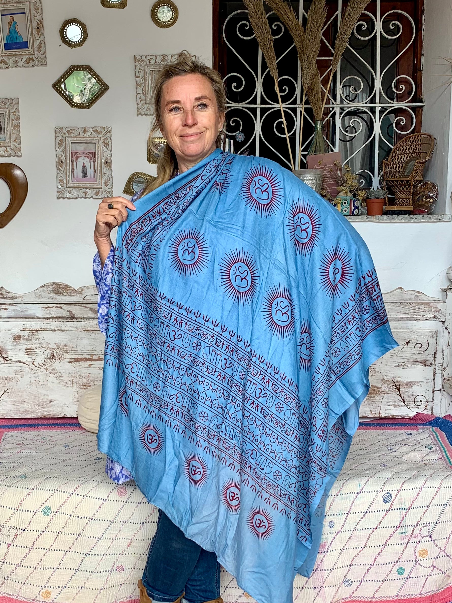 Large Size Om Sarong Pareo Shawl - Ocean Blue Beach Cover Up for Women, Perfect for Swimming, Vacation, and Summer Outfits