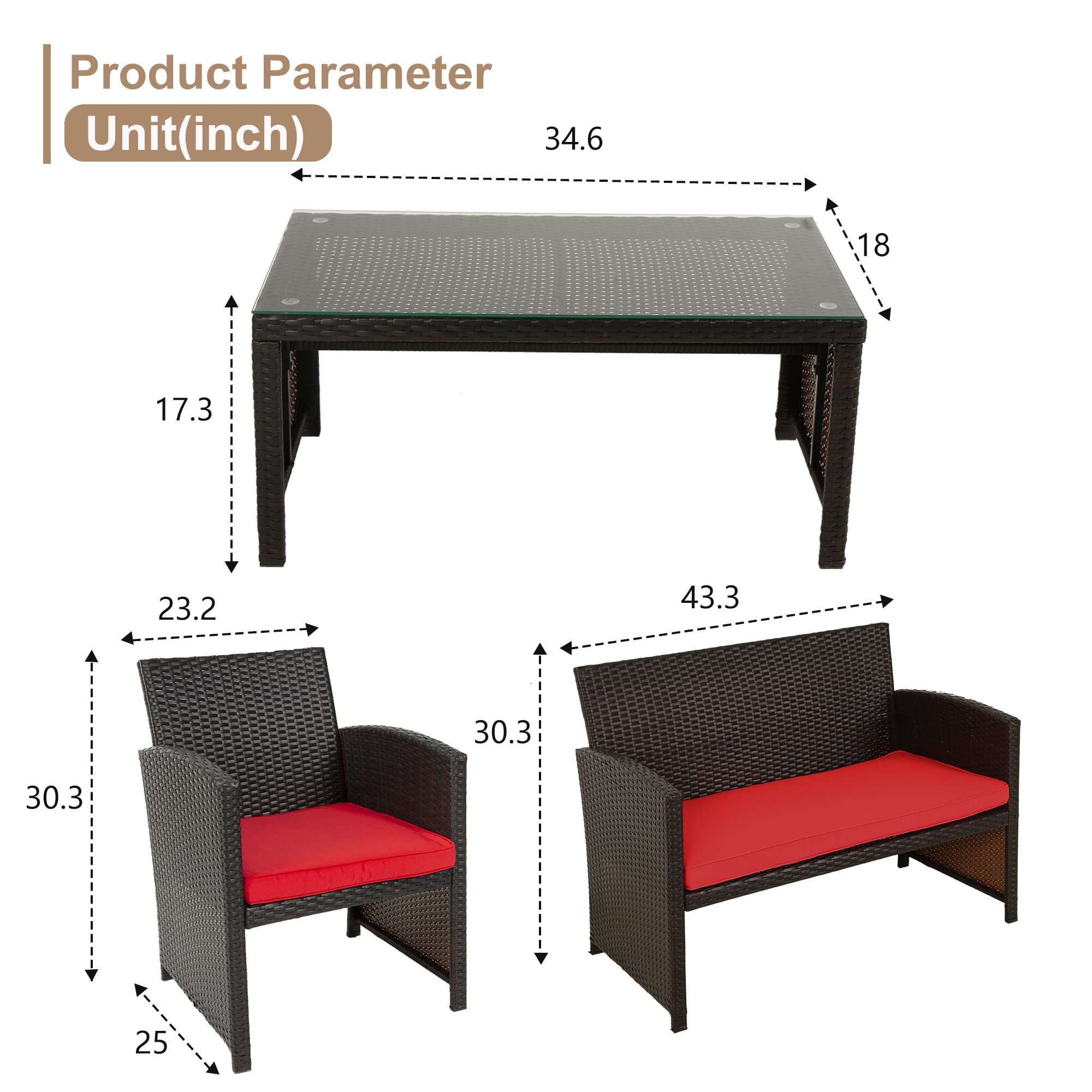 FDW 4-Piece Outdoor Patio Furniture Set - Wicker Rattan Conversation Set with Chairs for Poolside, Lawn, Porch, Balcony & Garden (Brown & Red) - Perfect for Relaxing, Entertaining & Outdoor Dining