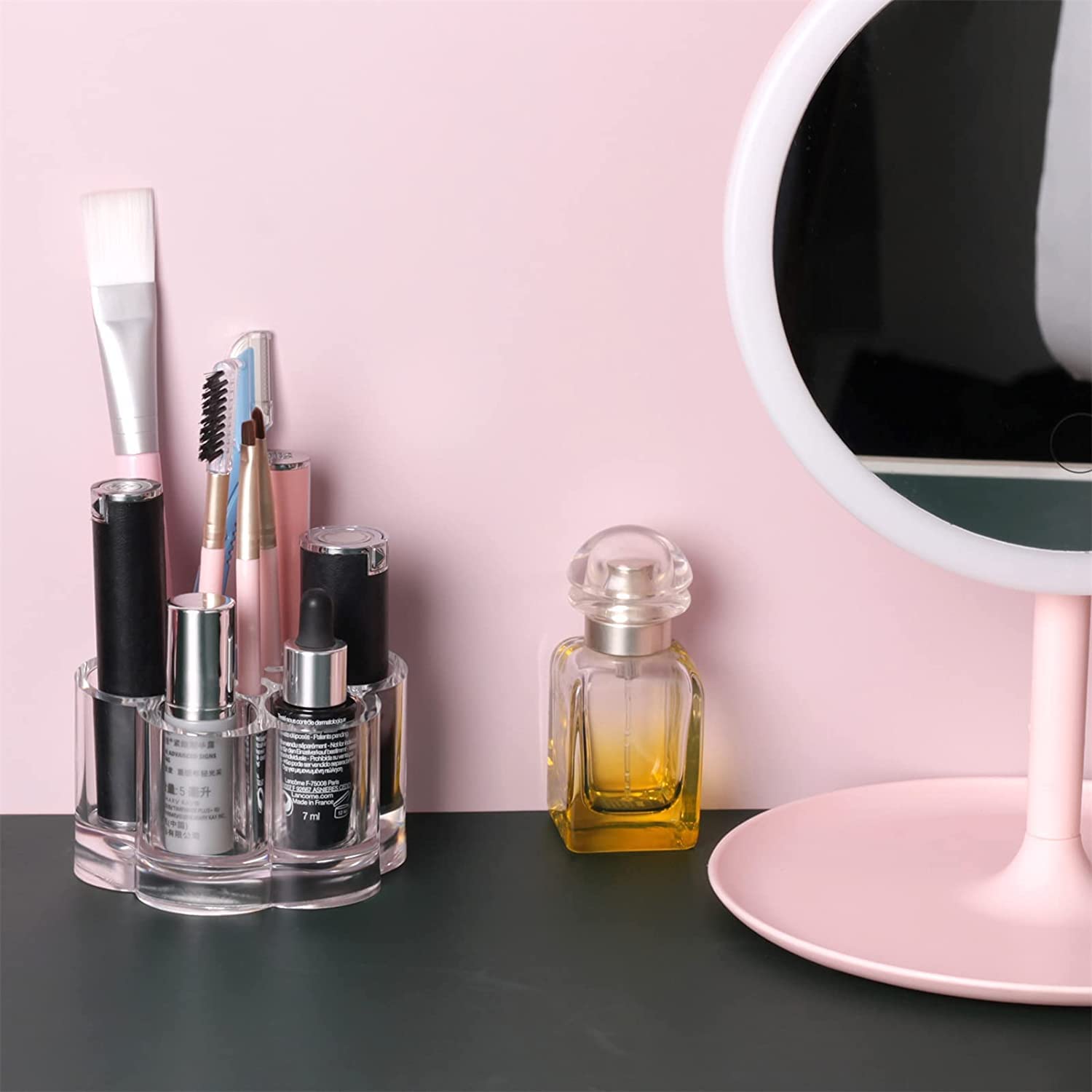 Acrylic Lipstick Holder & Makeup Organizer - 7 Slot Round Stand for Lip Gloss, Brushes, Nail Polish, Essential Oils & Eyeshadow Pens | Perfect for Vanity, Bathroom Counter & Travel Makeup Storage