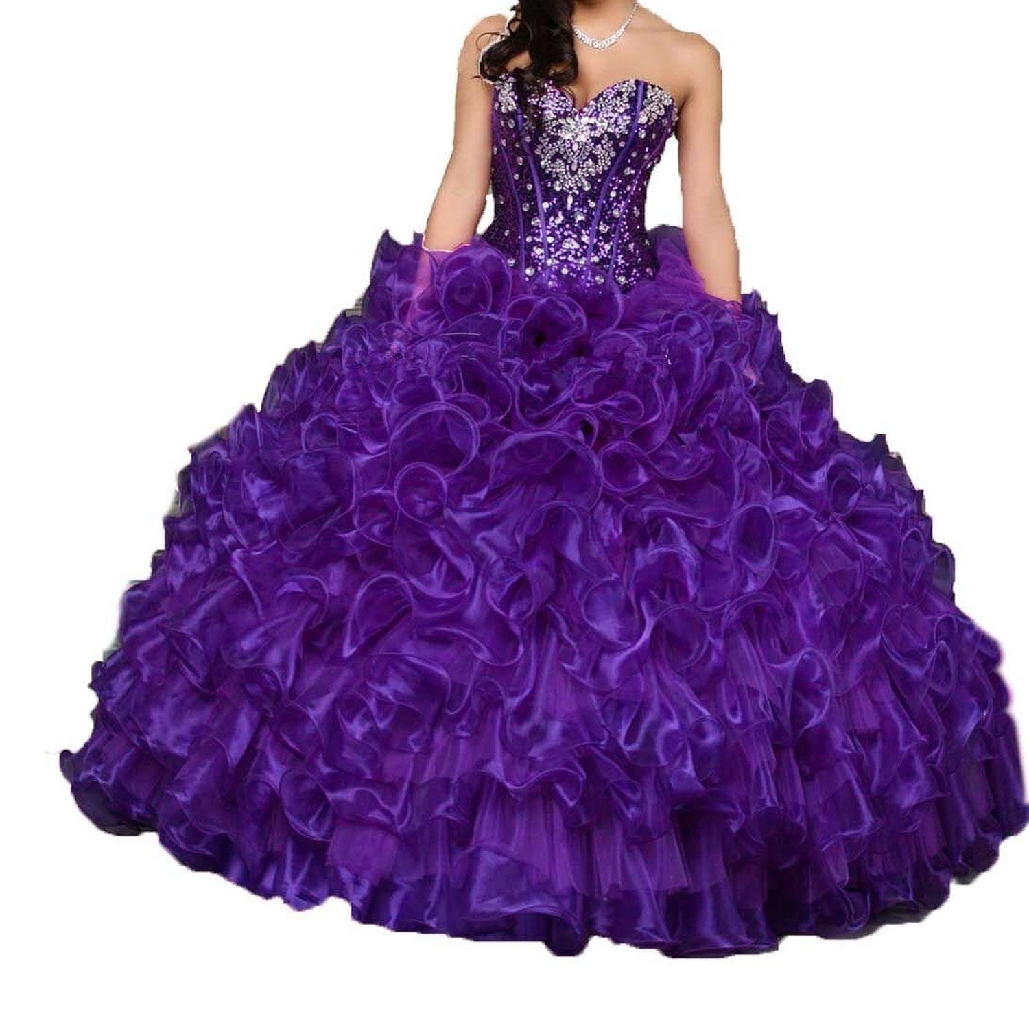 ANGELA Women's Sweetheart Neckline Crystal Embellished Ruffled Ball Gown Long Quinceanera Dress for Prom, Wedding, Pageant & Special Occasions