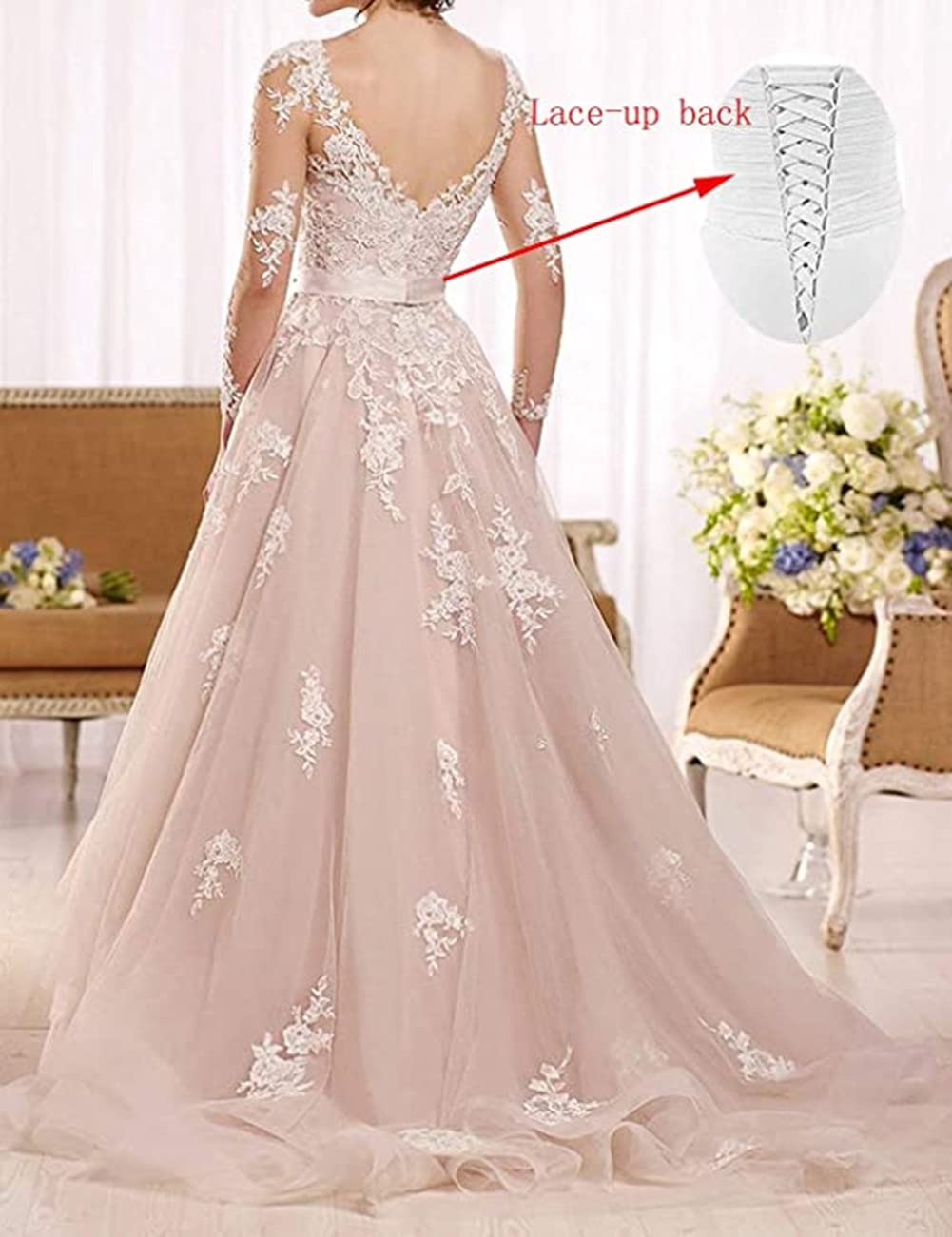 Elegant Sheer Long Sleeve Applique Wedding Dress for Women - V-Neck Lace Bridal Gown for Church Ceremony, Beach Wedding & Romantic Photoshoots