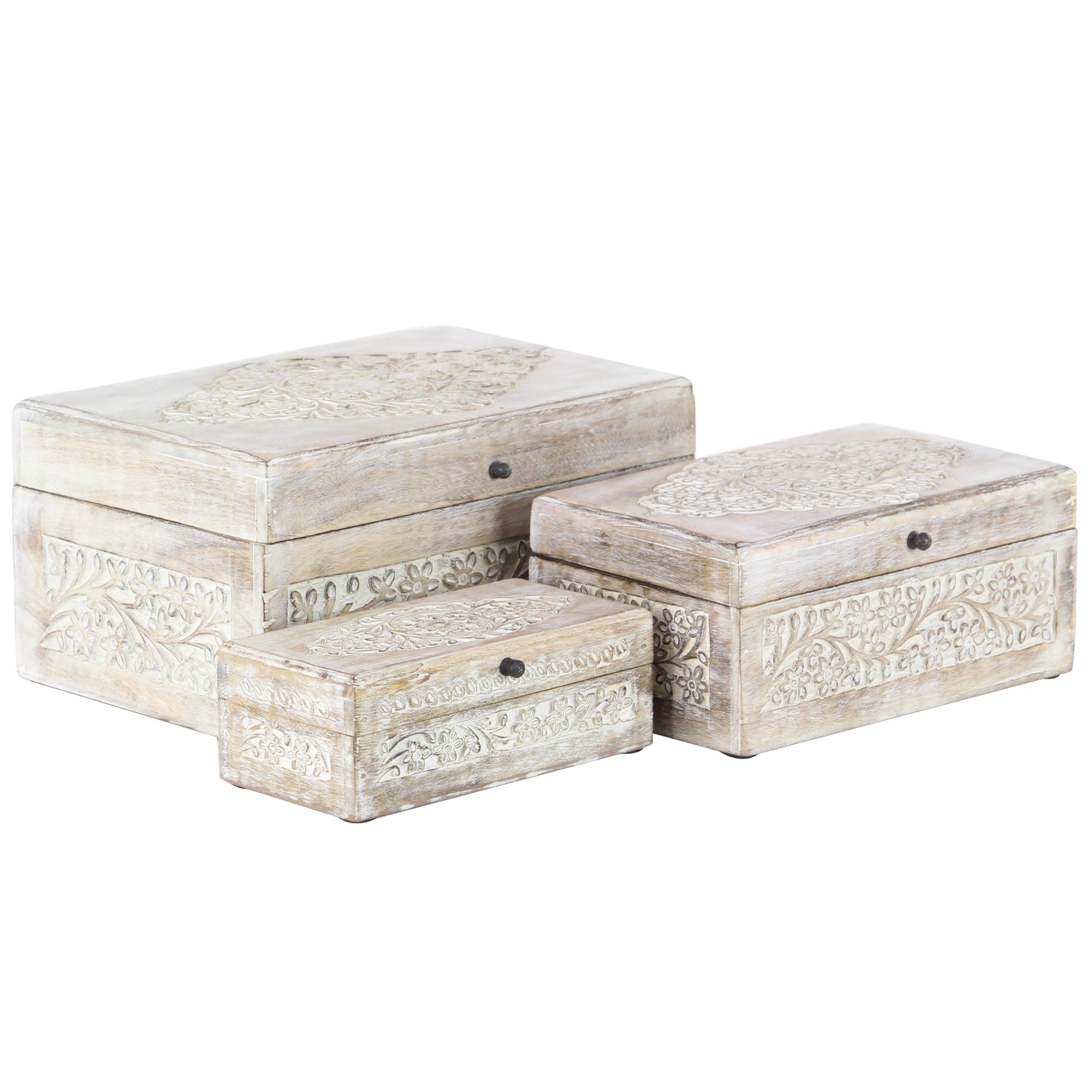 Mango Wood Floral Decorative Box Set of 3 - Storage for Home Decor